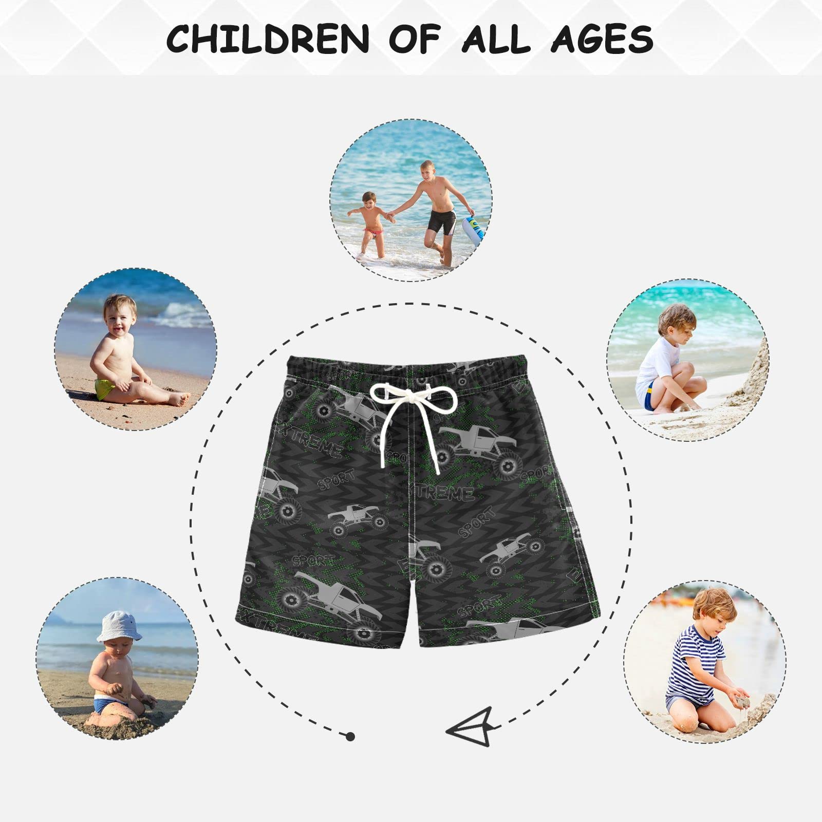 Urban Monster Truck Boys Teens Quick Dry Swim Trunks with Wheels Design - Perfect for Beach, Pool, Water Park & Summer Activities