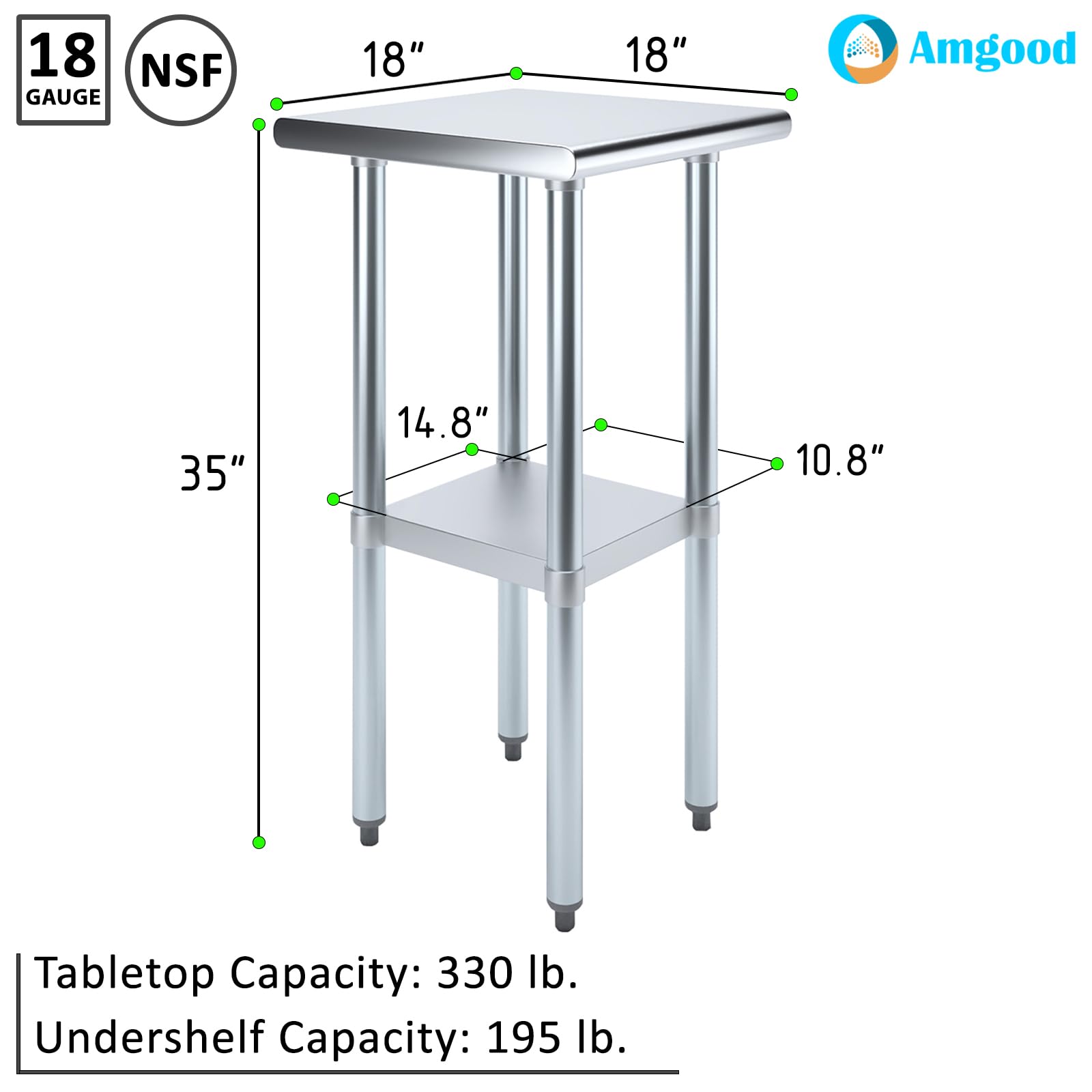 AmGood 18x18 Inch NSF Certified Stainless Steel Kitchen Prep Table - Heavy Duty Metal Utility Work Table for Commercial Restaurants, Food Prep, and Home Kitchen Use