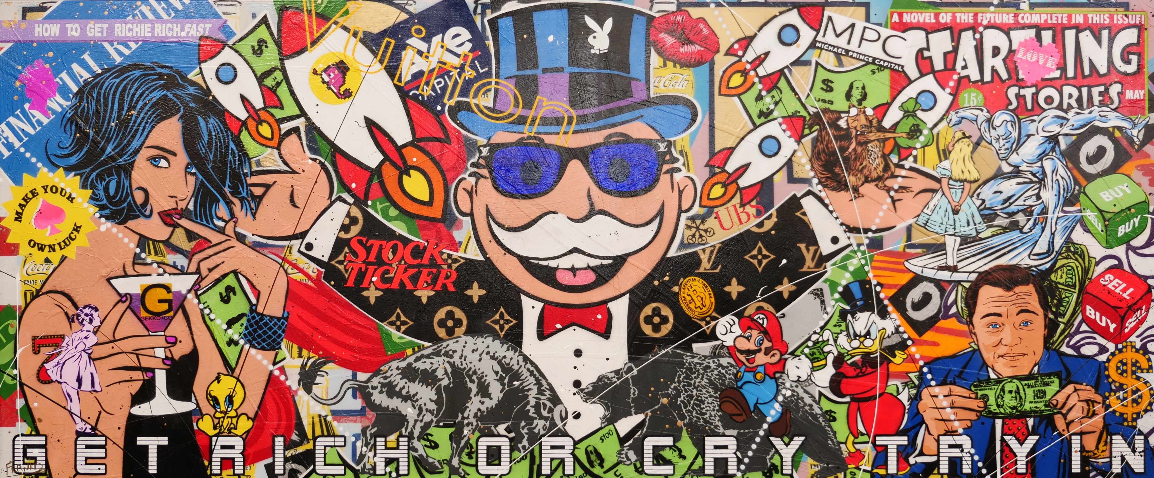 Monopoly Man Textured Urban Pop Art Painting - 240cm x 100cm Wall Decor for Living Room, Office & Game Room | Money Never Sleeps Inspired Artwork