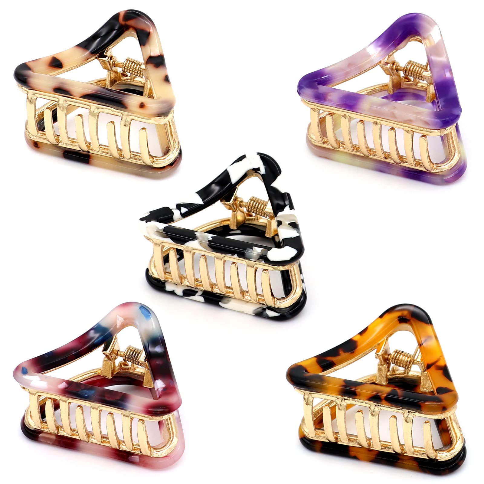 Cobahom 5-Pack 1.7 Inch Small Claw Hair Clips - Acetate Jaw Clips for Thick Hair - Fashion Hollow Triangle Hair Clips for Women & Girls (Light Leopard, Red, Deep Leopard, Black White, Purple) - Perfect for School, Work, Gym & Everyday Hairstyles
