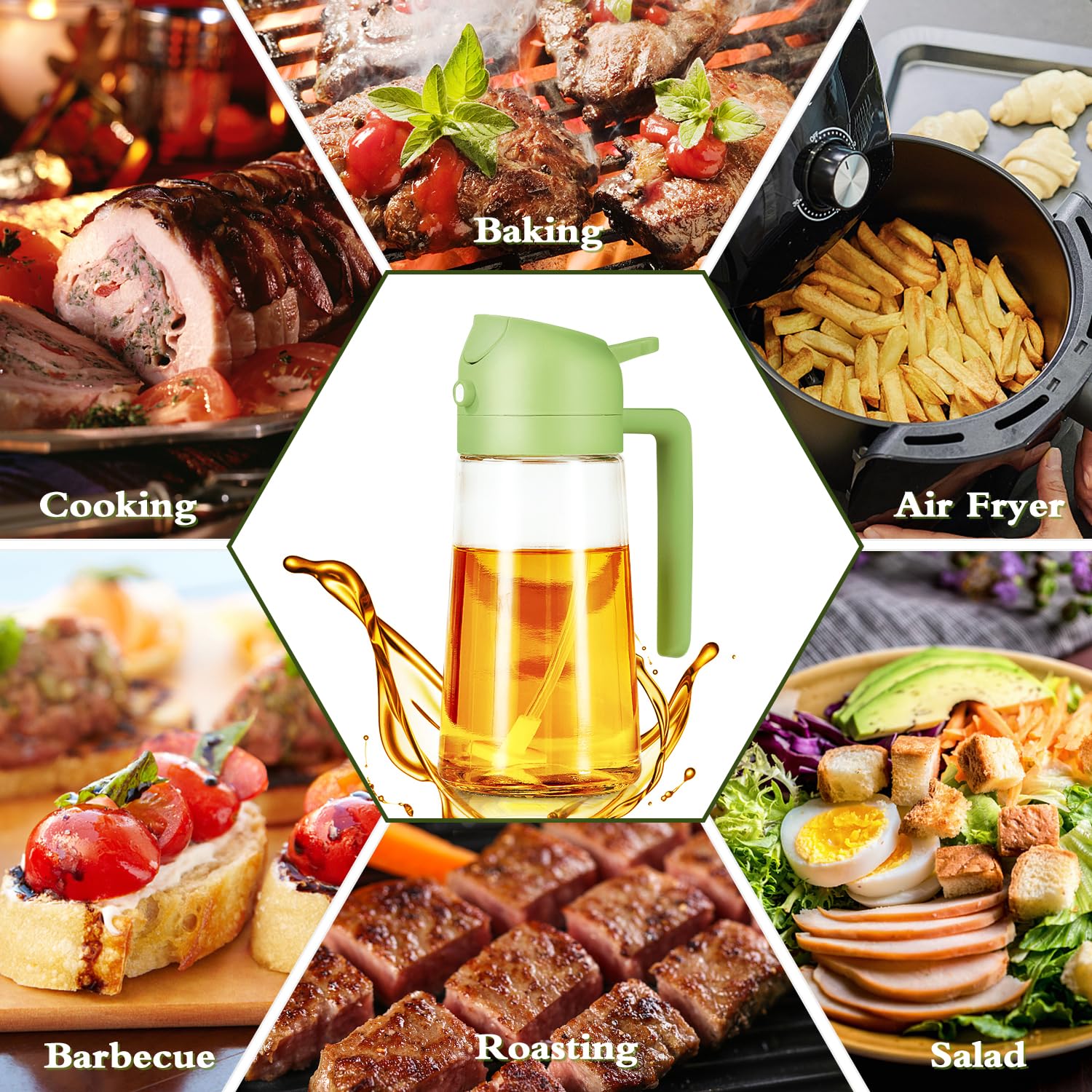 2 in 1 Oil Spray and Container - 470ml/16oz Glass Olive Oil Spray Bottle for Air Fryer, Baking, Grilling - Perfect for Kitchen, Salad Dressing & Healthy Cooking (Green)