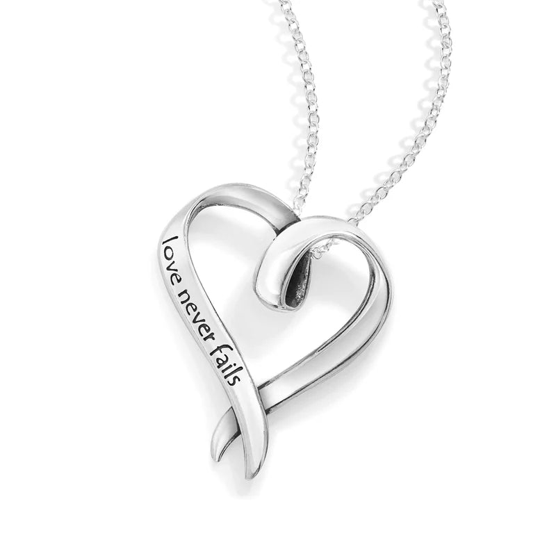 Love Never Fails Sterling Silver Heart Pendant Necklace | 1 Corinthians 13 Bible Verse Jewelry | Perfect for Weddings, Anniversaries & Valentine's Day Gifts