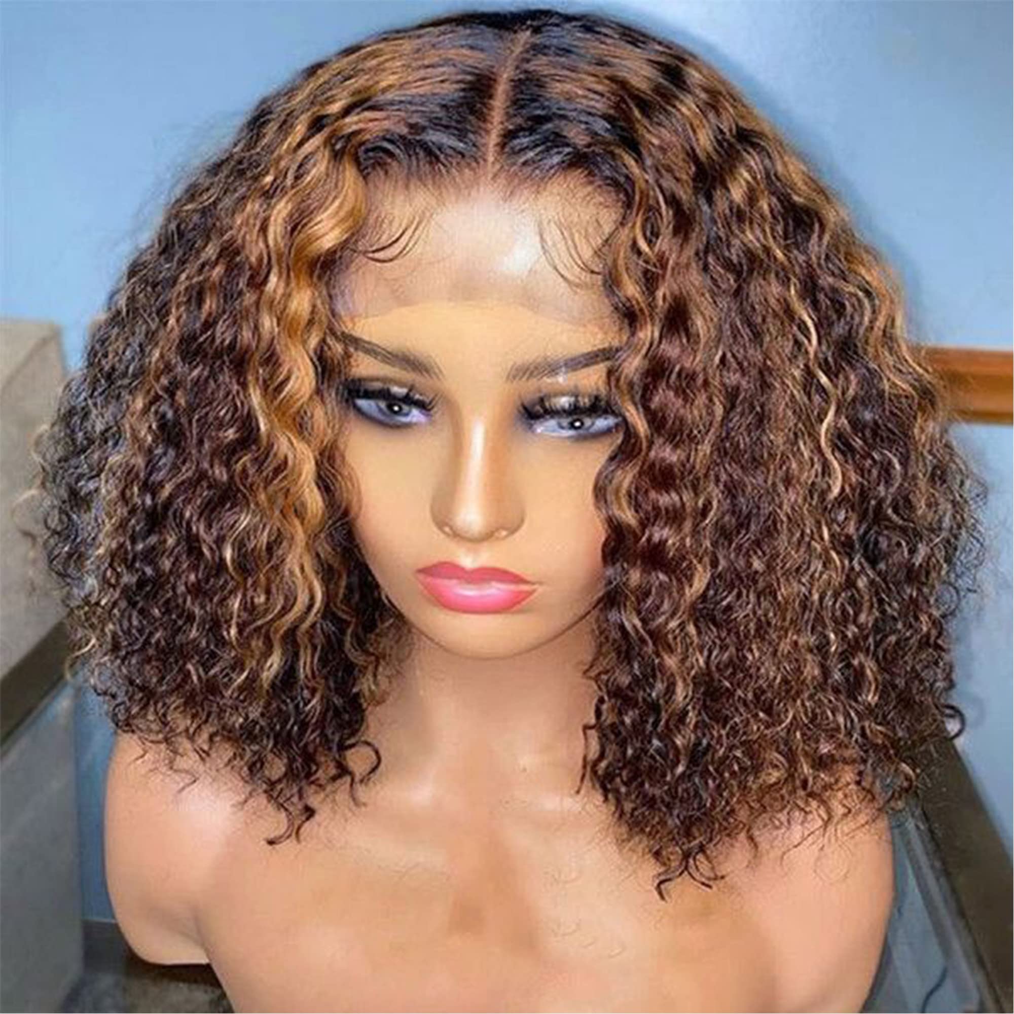 13x6 Venice Brown Highlight Curly Lace Front Human Hair Wig - Virgin Hair, Pre Plucked Hairline, Baby Hair & Bleached Knots (10inch, 150% Density) for Everyday Wear, Parties & Special Occasions