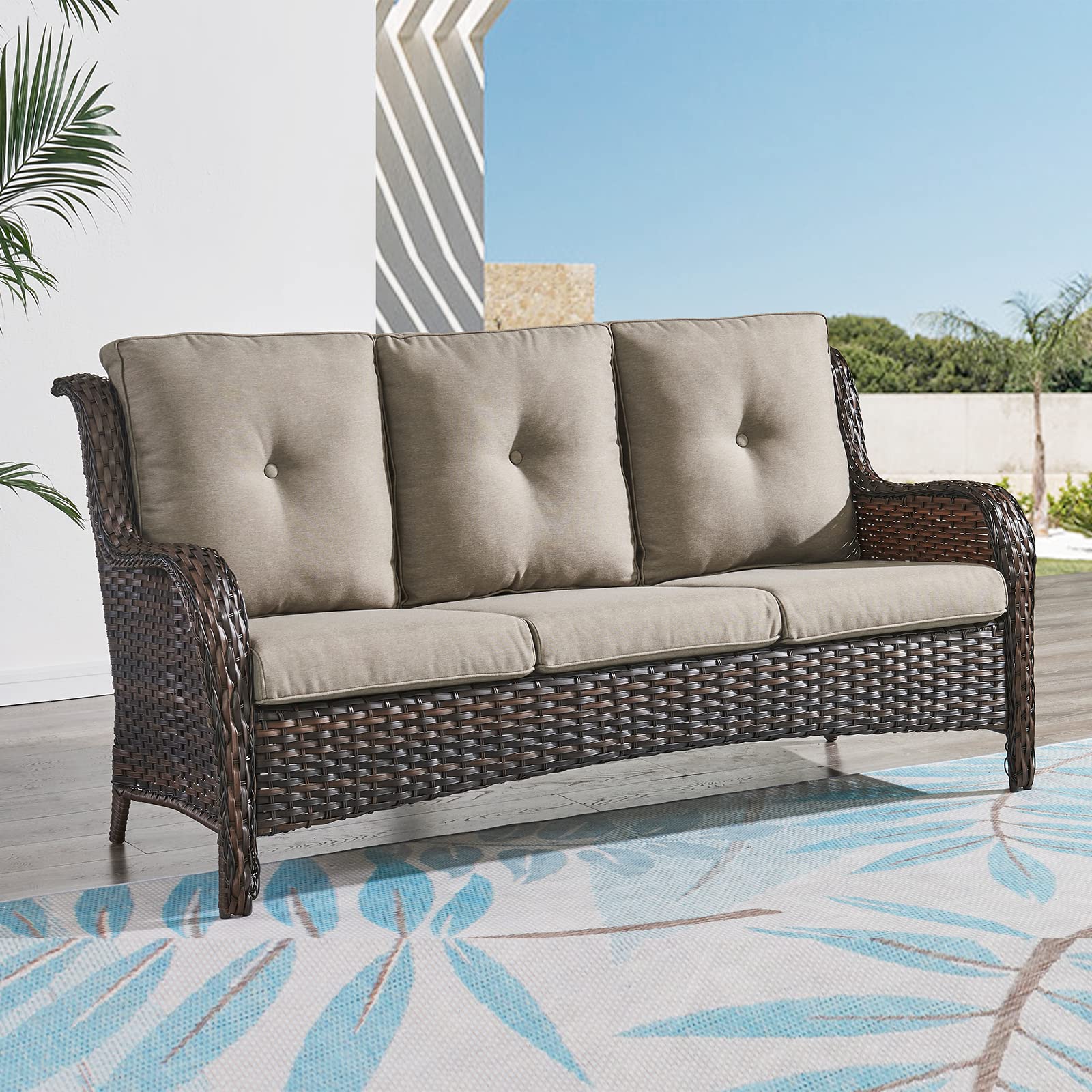 3-Seater Outdoor Patio Sofa - Deep Seating Rattan Wicker Couch with Cushions for Garden, Porch & Backyard (Brown/Grey) - Perfect for Relaxing, Entertaining & Lounging in Your Outdoor Space