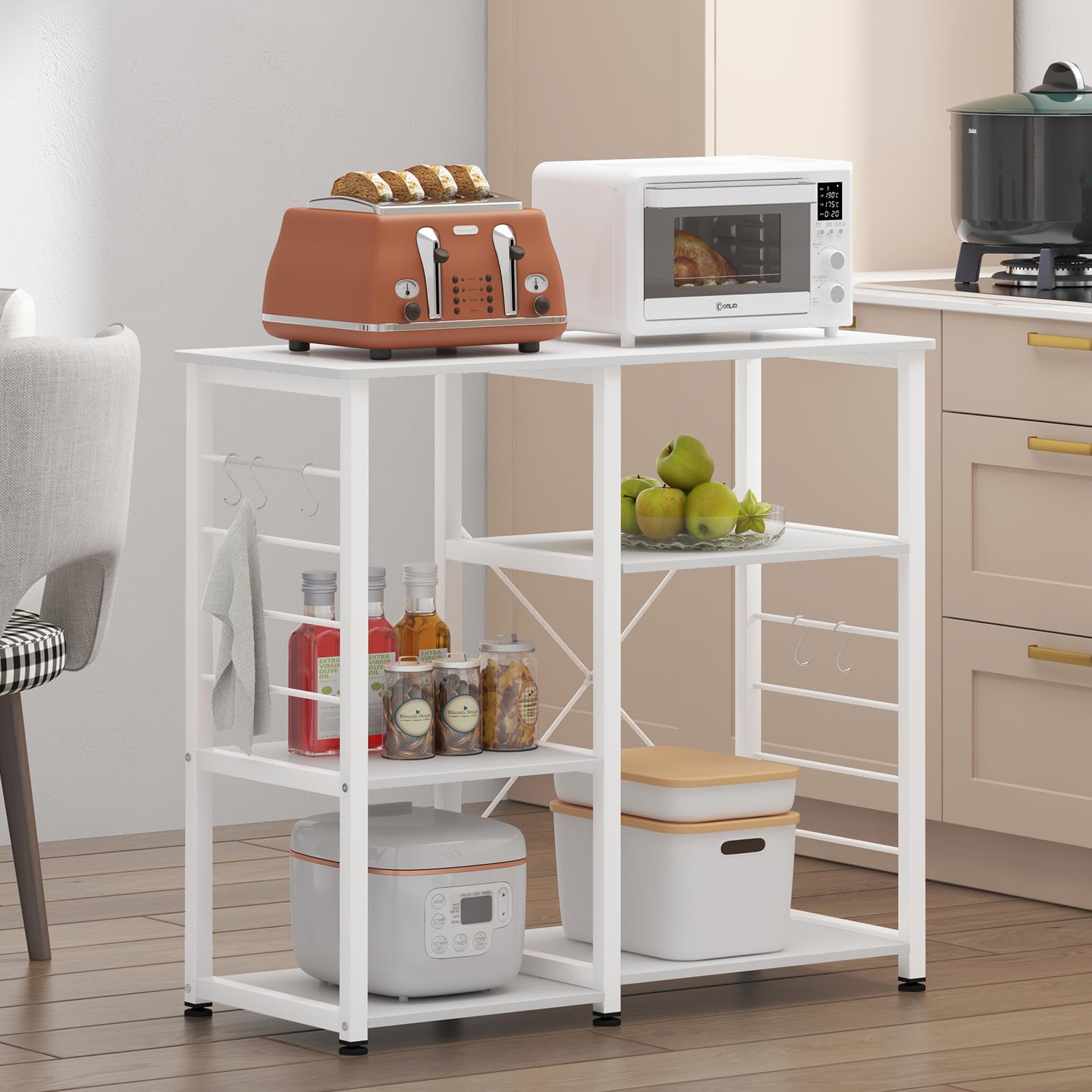 35.4 Inch White Kitchen Shelf Baker's Rack - Microwave Stand with Storage Cart for Small Spaces, Kitchen Island Organizer | Perfect for Apartments, Dorms & Compact Kitchens