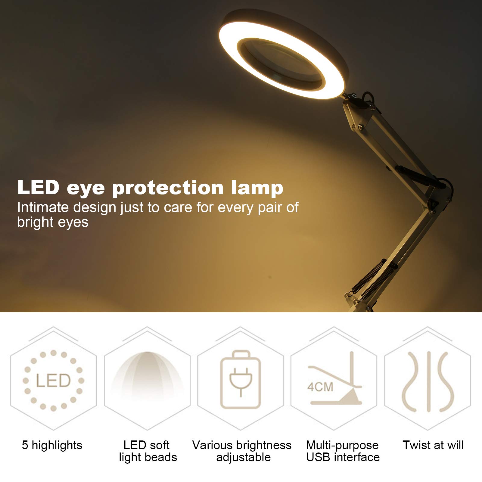 3-in-1 Magnifier Lamp with Adjustable Brightness & 3 Color Temperatures - USB Powered LED Desk Lamp for Nail Art, Makeup, Reading & Crafts | Perfect for Beauty Salon, Home Office & Study Room