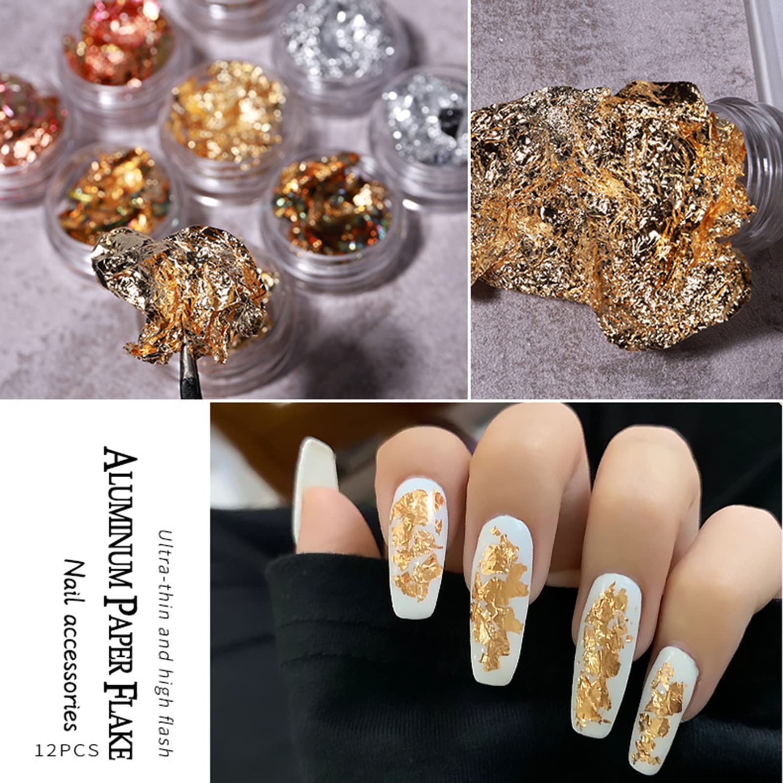 Zhangxi 12 Boxes Gold Silver Copper Foil Tinsel Paillette Nail Glitter - Metallic Nail Art Decorations for DIY Manicure & Nail Design | Perfect for Parties, Weddings & Special Occasions