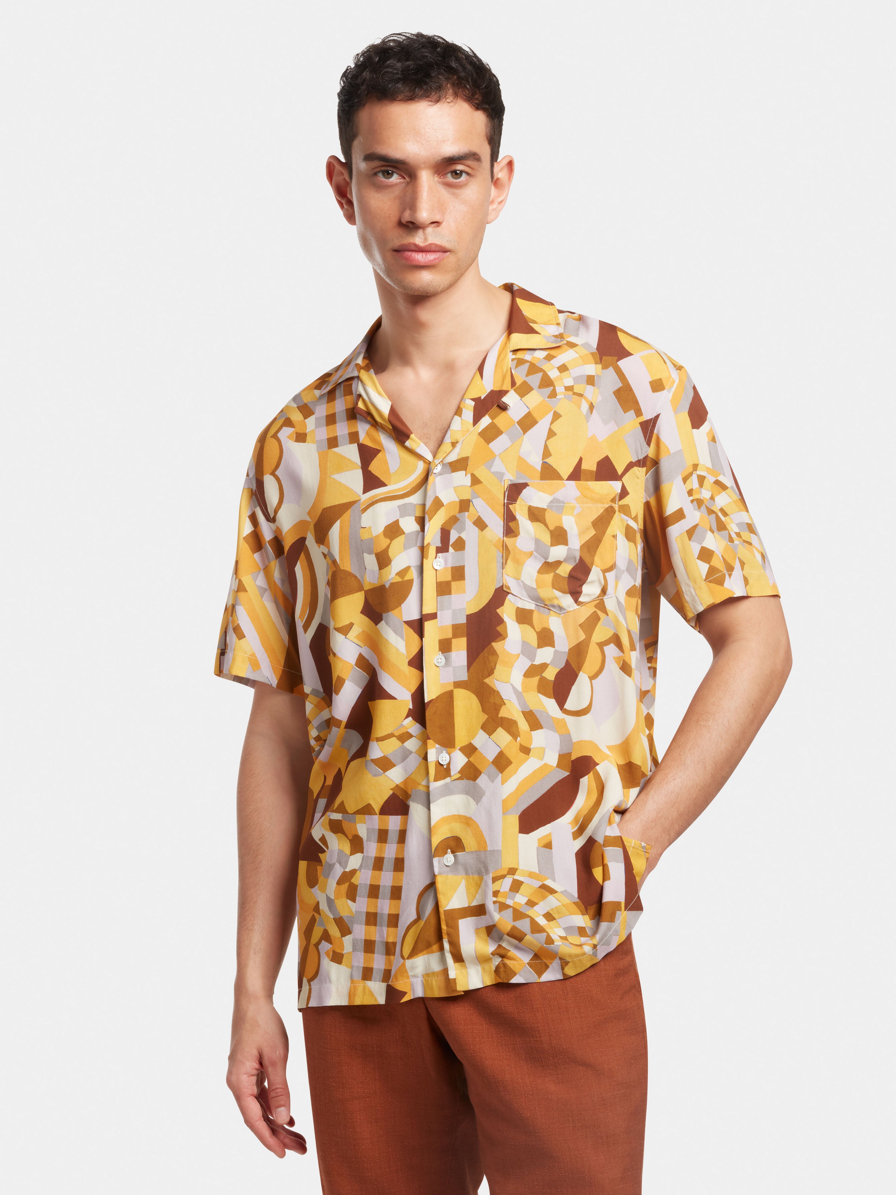 Eco-Friendly Sundial Mosaic Cuban Shirt for Men - Sustainable Viscose Short Sleeve Button Up Shirt - Perfect for Beach Vacations, Summer Parties & Casual Outings