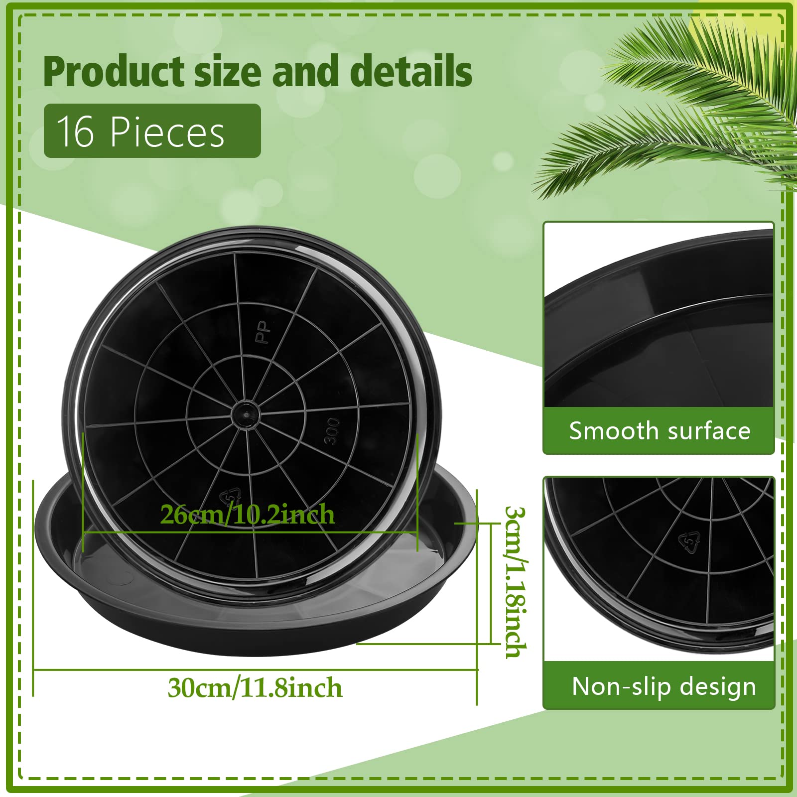 16 Pack 11.8 Inch Heavy Duty Plastic Plant Saucers - Round Drip Trays for Indoor/Outdoor Planters, Garden & Flower Pots - Perfect for Home Decor, Patio & Balcony Gardening (Black)