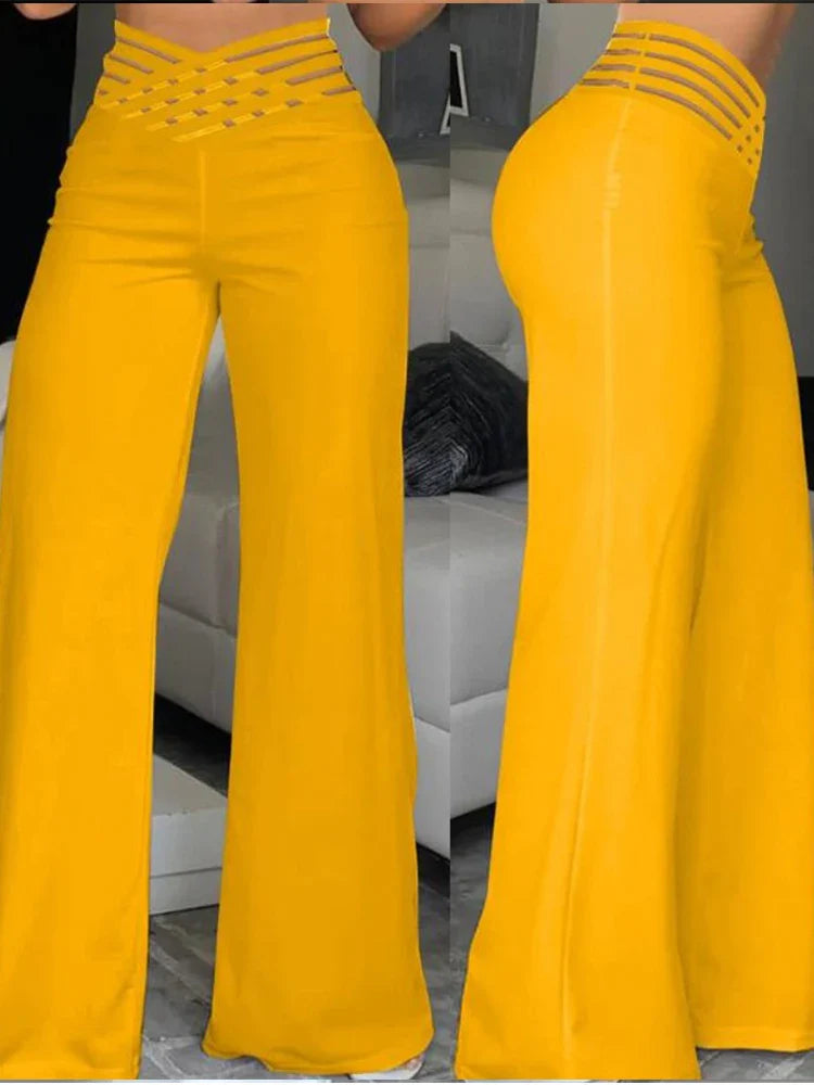 Elegant High Waist Flared Women's Pants - Office & Casual Crisscross Sheer Mesh Patch Trousers for Work, Party & Everyday Wear