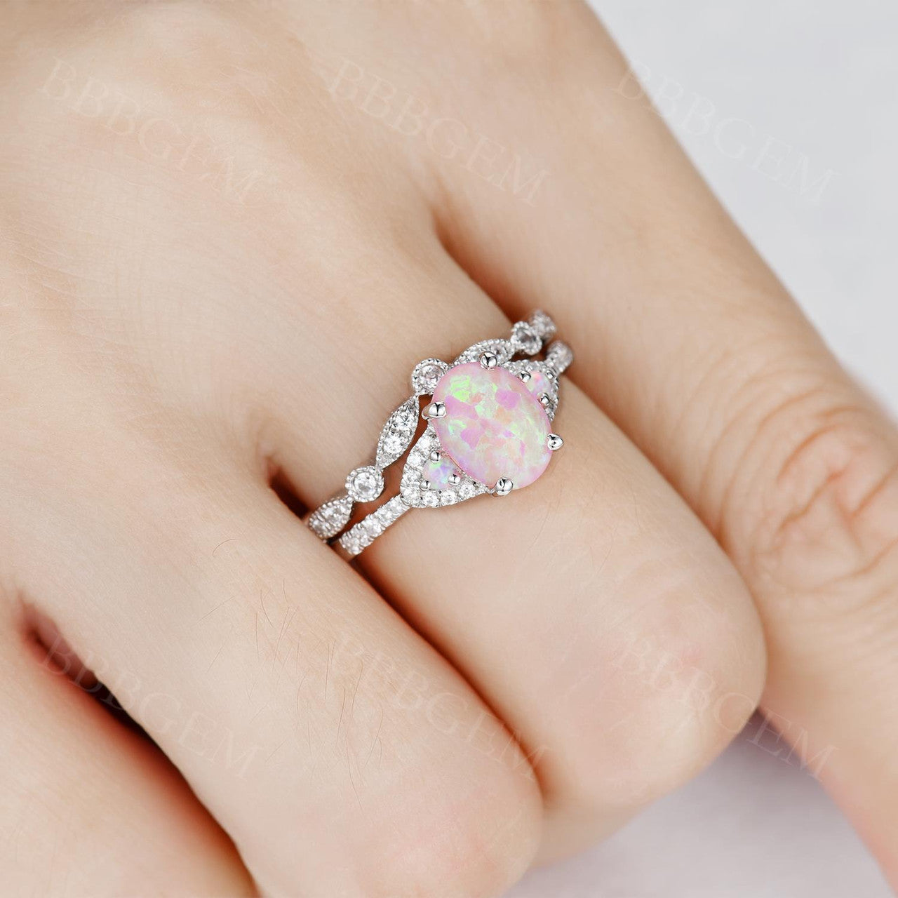 1.2 Carat Oval Pink Opal Rose Gold Engagement Ring Set - 925 Sterling Silver CZ Diamond Wedding Band - Perfect for Proposals, Anniversaries & Romantic Gifts