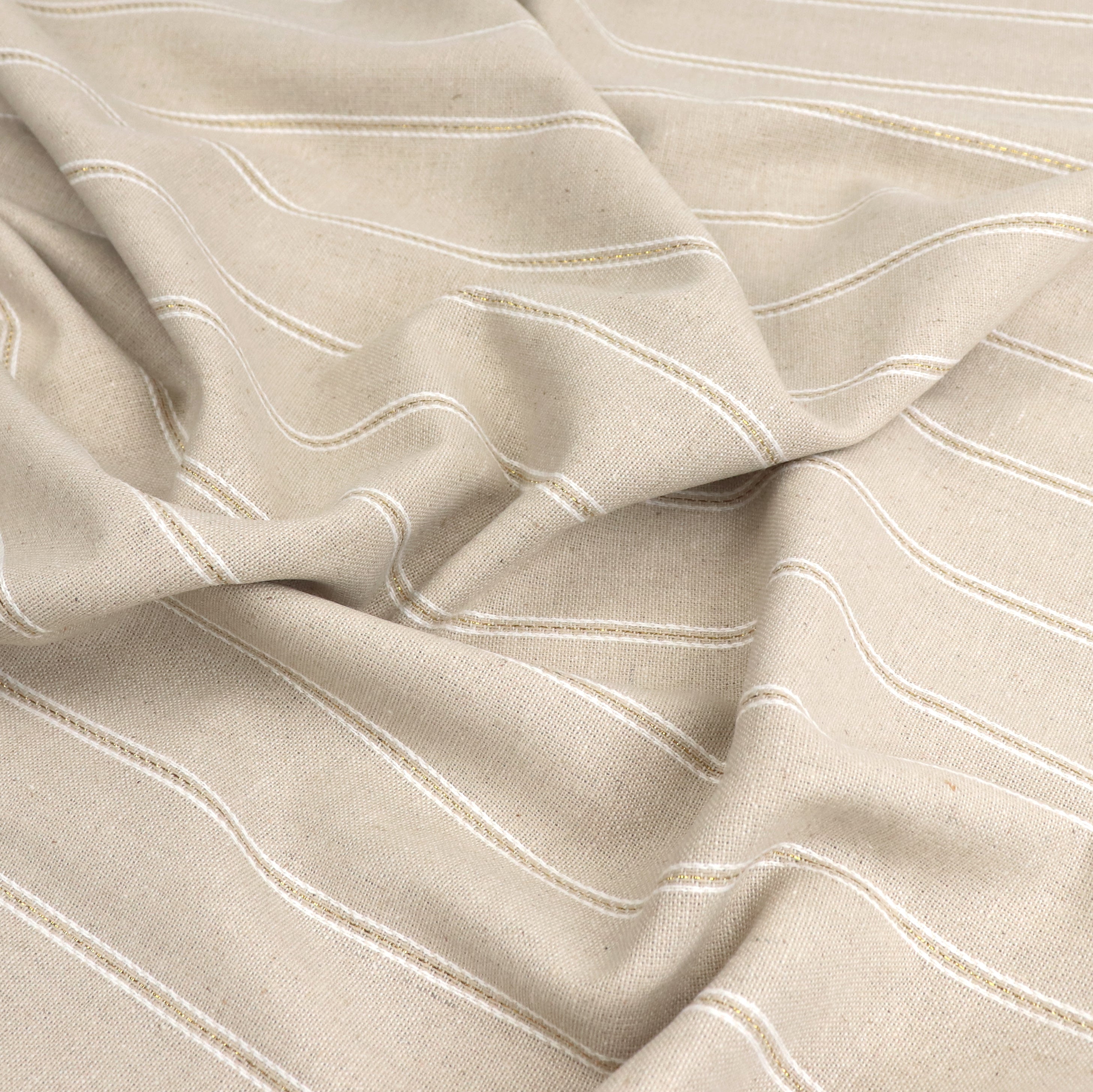 Premium Viscose Linen Blend Fabric with Gold Pinstripe - Lightweight & Breathable Material for Summer Dresses, Blouses, and Home Decor