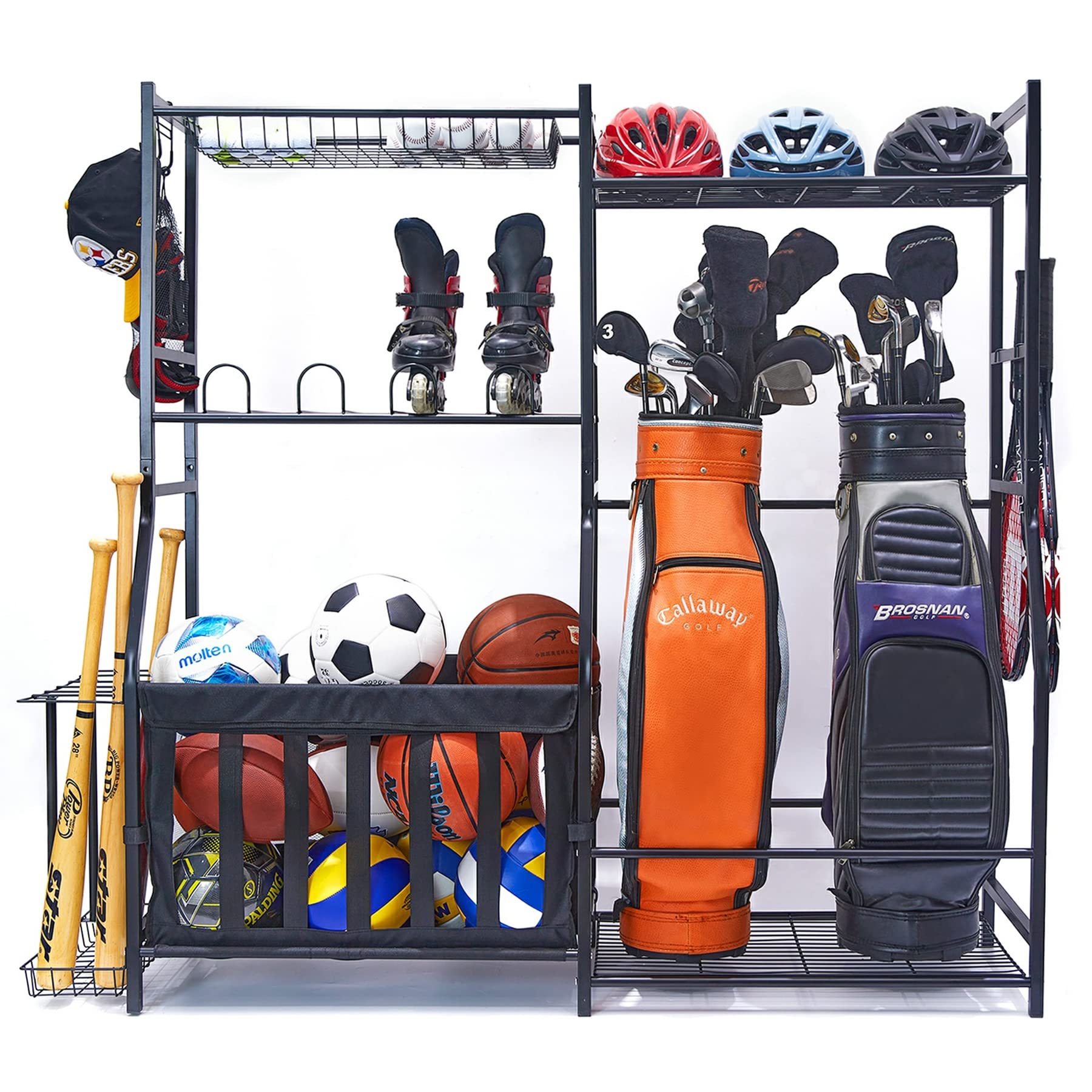 Garage Sports Equipment Organizer & Golf Bag Stand - Heavy Duty Ball Storage Rack for Indoor/Outdoor Use - Kids Toys Storage Bins with Baskets - Perfect for Garage, Basement, Backyard & Playroom Organization