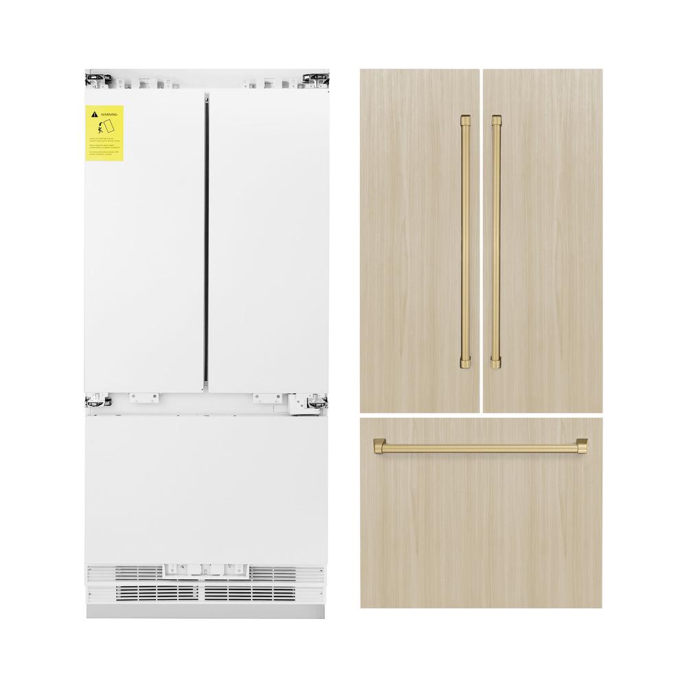 ZLINE Autograph Edition 36 Inch Panel Ready French Door Refrigerator - 19.6 cu ft Built-In Bottom Freezer with Ice Maker & Water Dispenser - Champagne Bronze Accents (RBIVZ 36 CB) - Perfect for Modern Kitchens & Luxury Homes