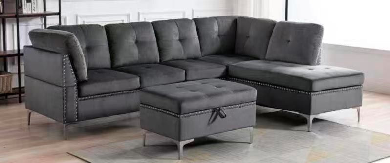 Luxury Grey Velvet Sectional Sofa with Storage Ottoman - Nailhead Trim & Silver Metal Legs - Modern Living Room Furniture for Small Spaces - Perfect for Apartments, Condos and Cozy Home Decor