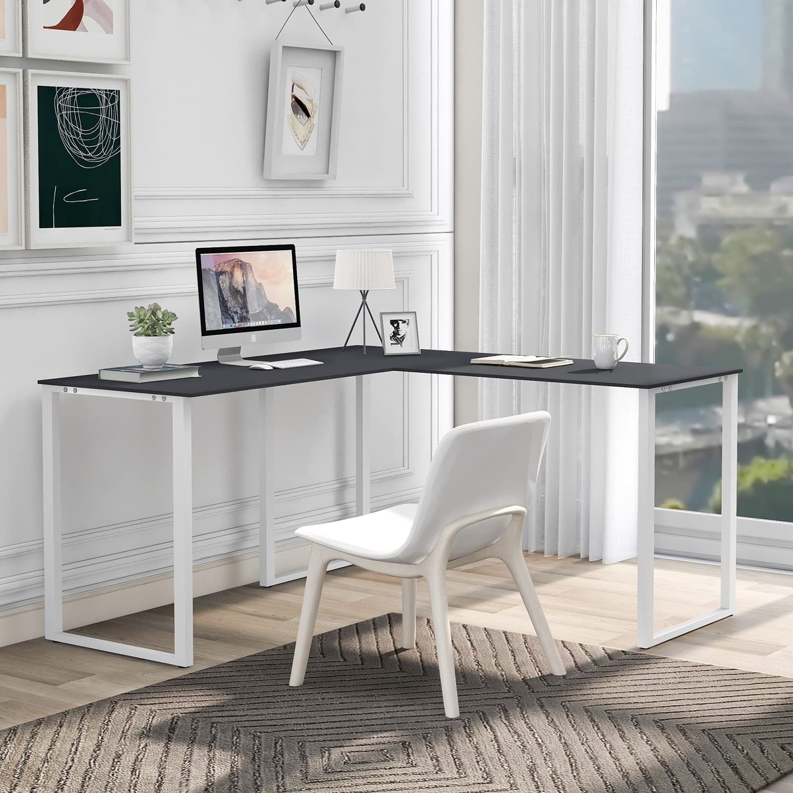 Nordic Style L-Shape Corner Desk - Modern Wooden Standing Desk for Home Office, Study & Living Room - Ergonomic Computer Workstation for Writing, Reading & Working (Black & Wood) - Perfect for Small Spaces & Remote Work Setup