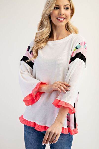 Celeste Plus Size Ruffle Sleeve Color Block Blouse - Women's Fashion Tops for Casual Wear, Office & Date Night Outfits