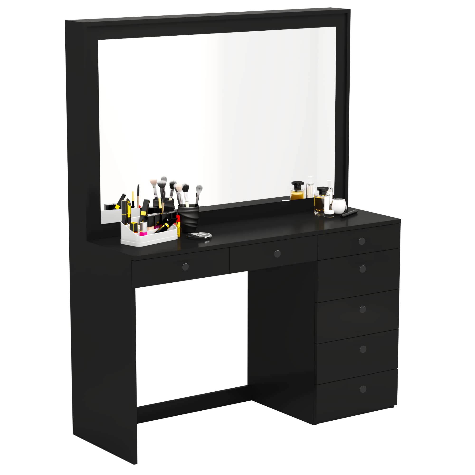 Boahaus Joan 7-Drawer Makeup Vanity Desk with Hollywood Mirror, Black Painted Dressing Table for Bedroom - Perfect for Makeup Organization & Beauty Routine