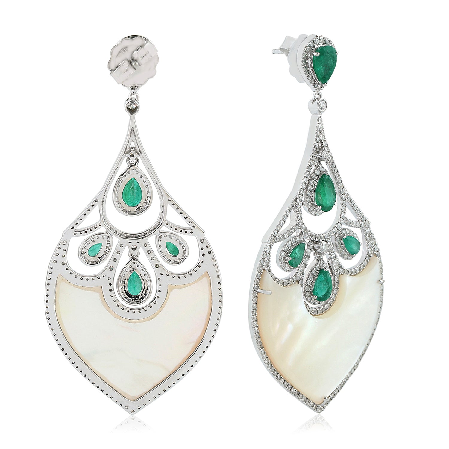 Luxury 18K White Gold MOP Pear Emerald Prong Diamond Dangle Earrings for Women - Elegant Bridal, Wedding, Party & Evening Wear Jewelry