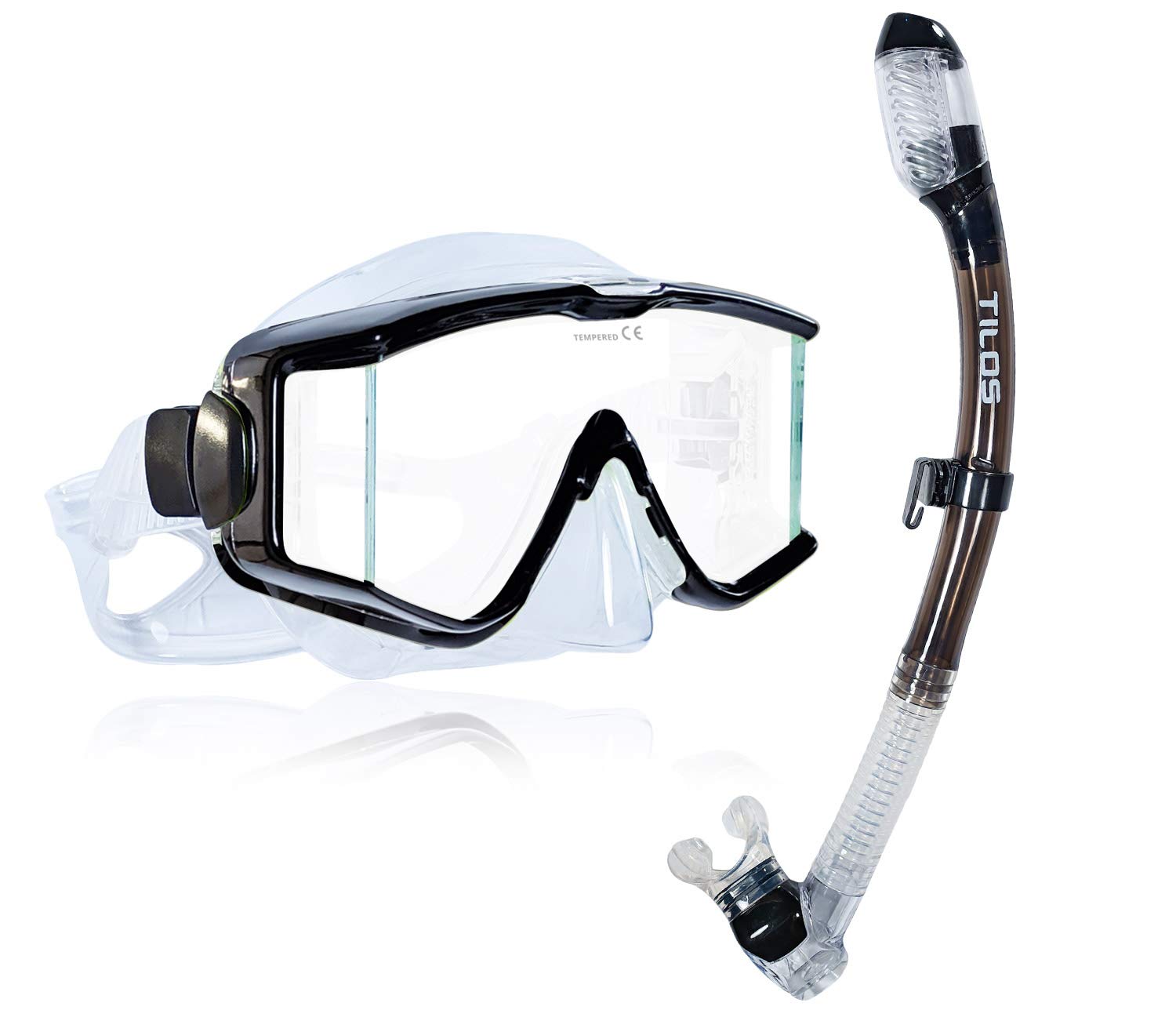 Tilos Panoramic Single Lens Wide View Snorkel Mask Set - Dry Top Snorkel for Clear Underwater Vision - Perfect for Swimming, Snorkeling, and Beach Vacations