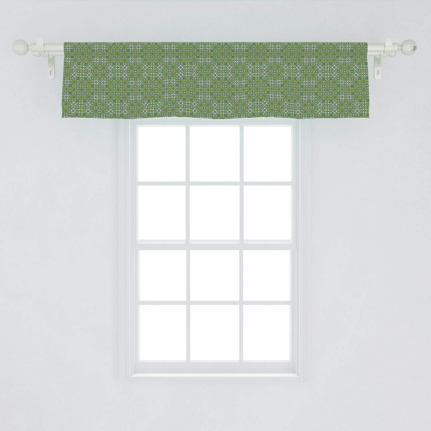 Ambesonne Abstract Window Valance - Floral Ethnic Star Pattern in Olive Green | Geometric Design Kitchen & Bedroom Curtain Valance with Rod Pocket (54x12 Inch) | Perfect for Farmhouse, Boho & Modern Home Decor