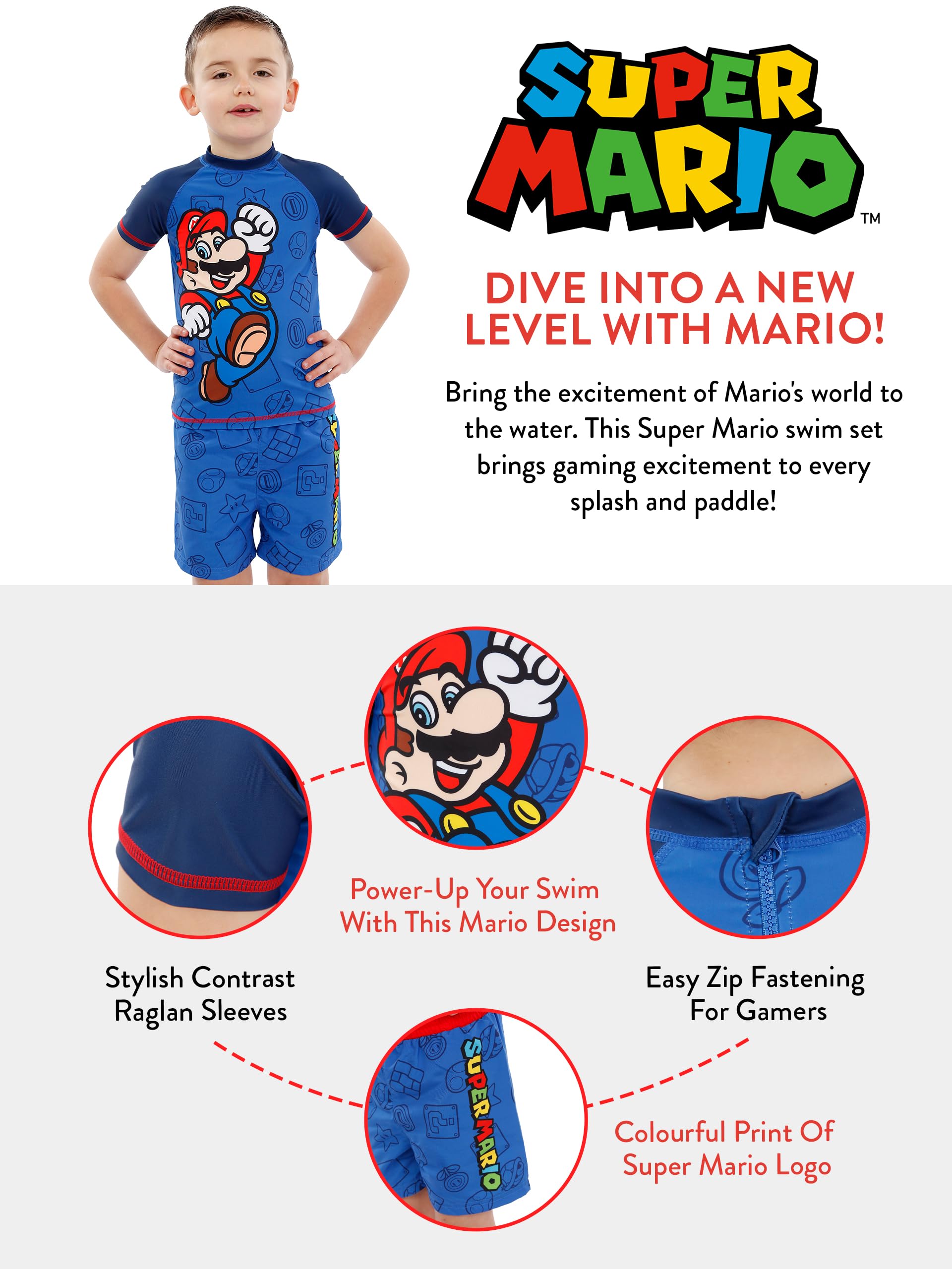 Super Mario Boys Swimwear Set - UPF 50+ Rashguard & Swim Trunks for Kids | Gaming Themed Bathing Suit for Pool, Beach & Summer Fun