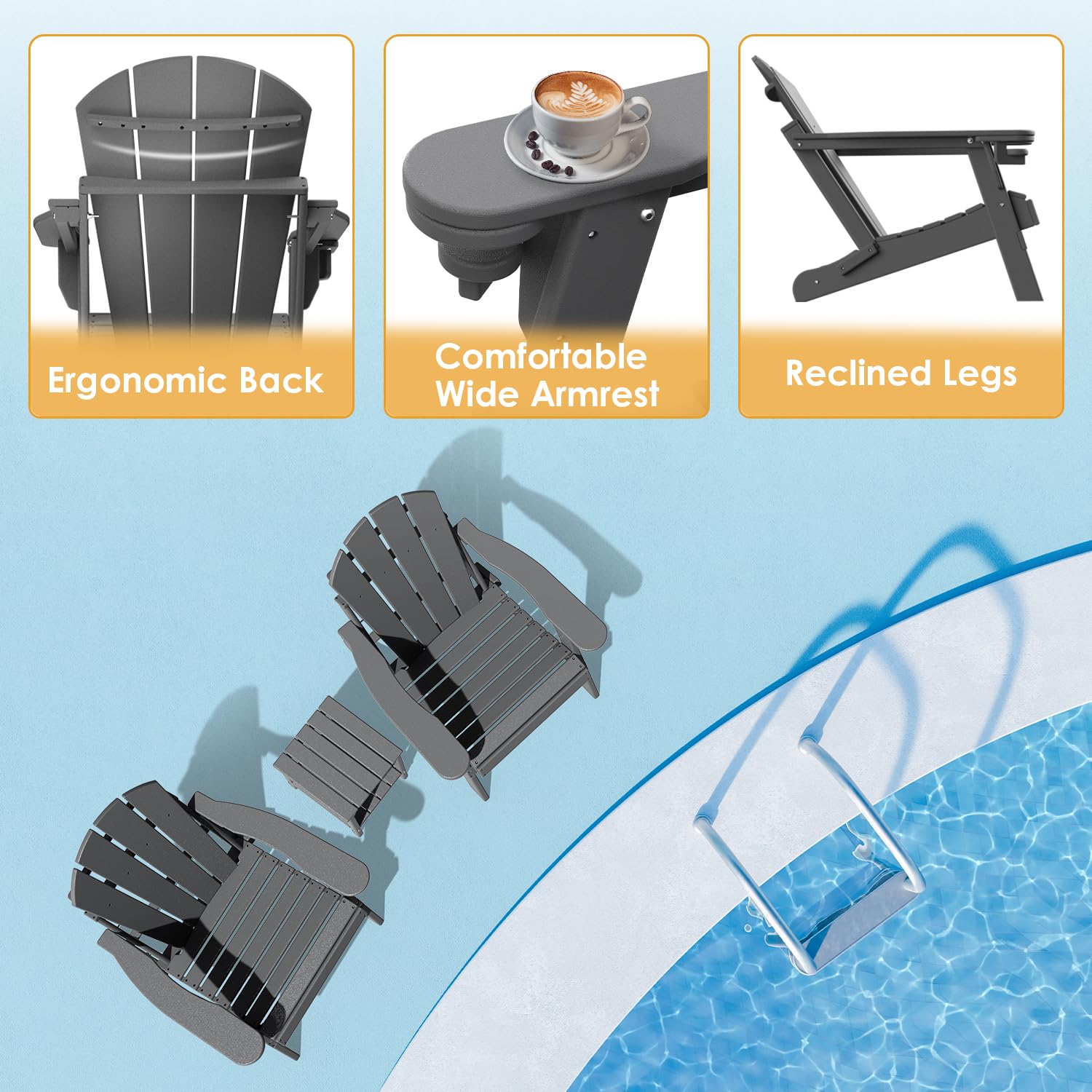 IVY&LANE 2-Pack Folding Adirondack Chairs - Weather-Resistant HDPE Plastic Outdoor Chairs with Cup Holders (Grey) - Perfect for Patio, Deck, Poolside, Garden & Beach Relaxation