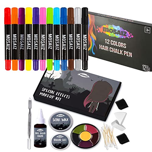 12 Colors Temporary Hair Chalk & SFX Makeup Kit - Vibrant Non-Permanent Hair Dye for Costumes, Cosplay & Halloween - Mosaiz Special Effects Bundle for Creative Styling