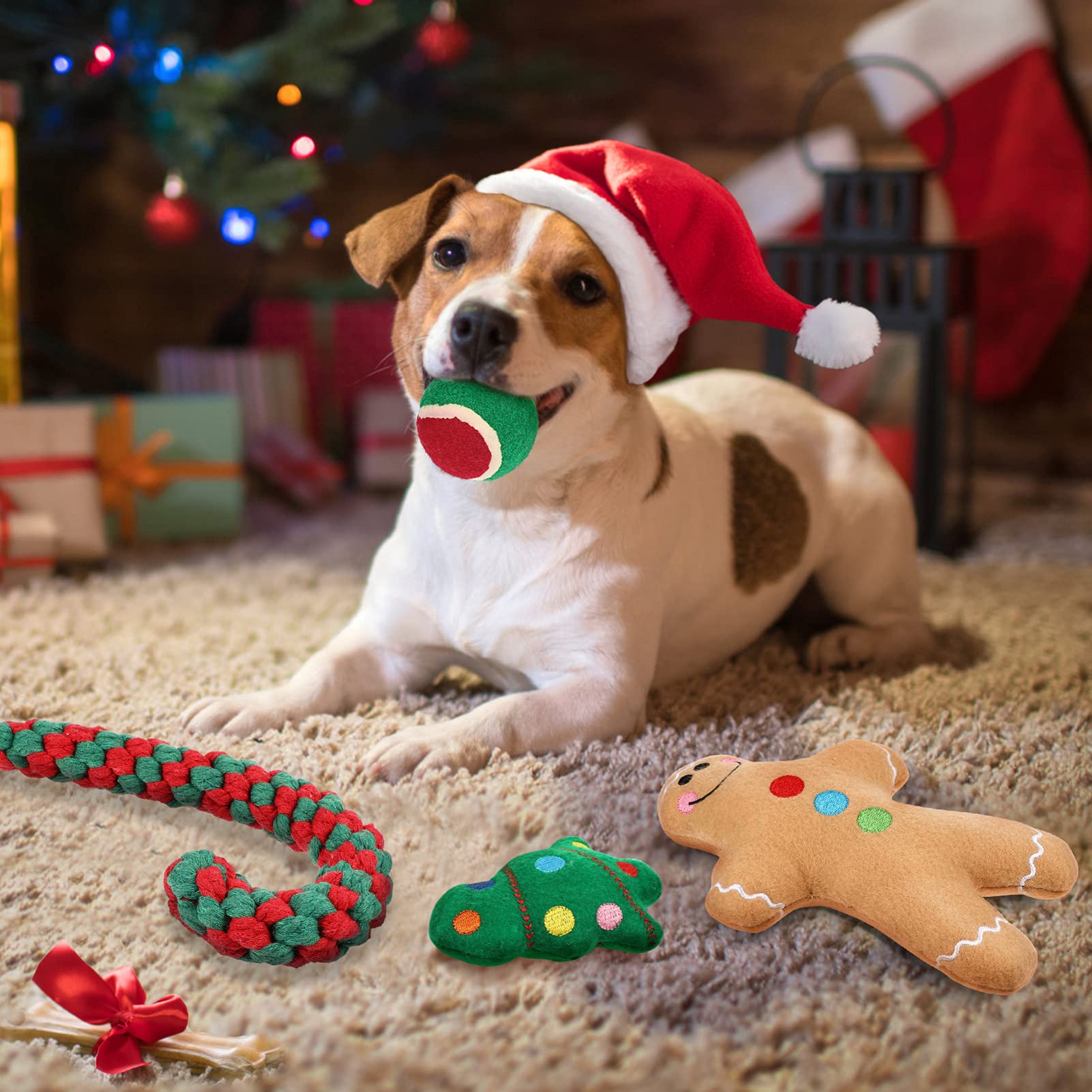POPETPOP Christmas Dog Toys - Plush Squeaky Chew Toys for Puppies (Gingerbread Man & Tree Shapes) - Fun Holiday Pet Gifts for Playtime & Training