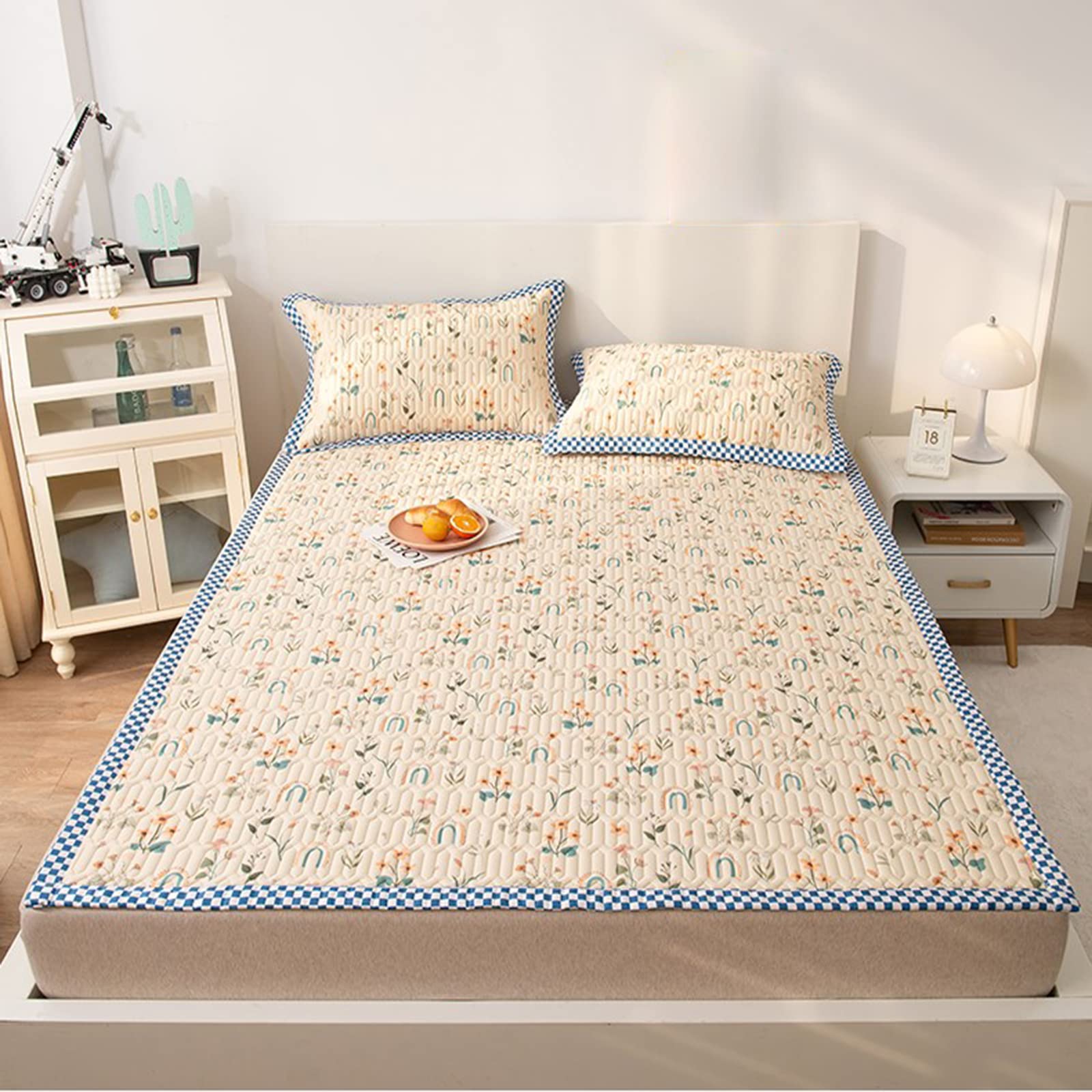 Cooling Latex Mattress Pad & 4-Piece Bed Sheet Set - Breathable Summer Bedding with Pillowcases (78x86.6 Inches/200x220cm) for Hot Sleepers & Temperature Regulation - Perfect for Guest Rooms, Dorms & Summer Nights