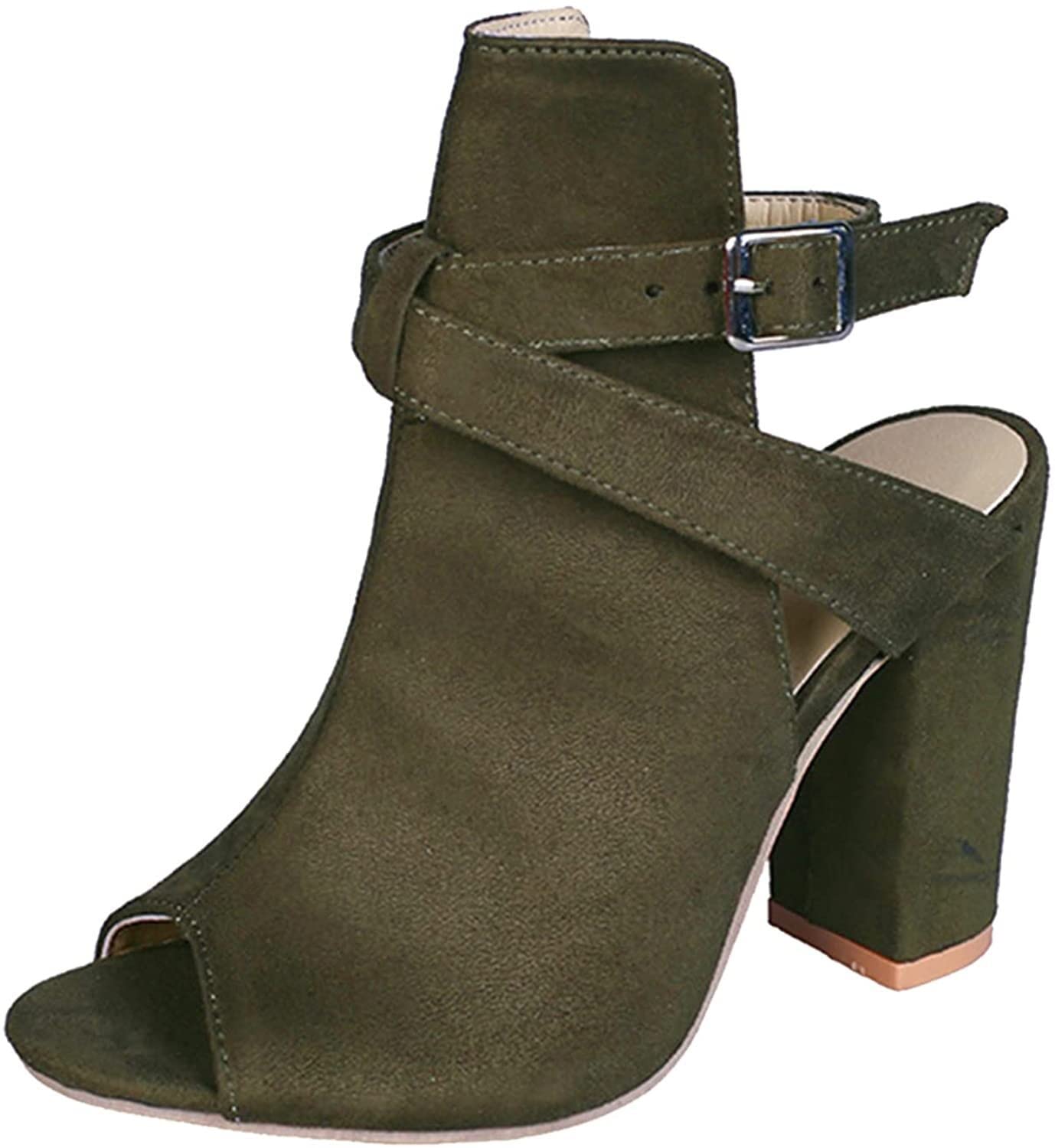 Women's Chunky Heel Suede Sandals - Open Toe Fish Mouth High Heel Dress Shoes for Wedding, Party & Casual Wear - Adjustable Strap Comfortable Sandals (Green, Size 8 Wide) - Perfect for Summer Outfits, Beach Vacations & Date Nights