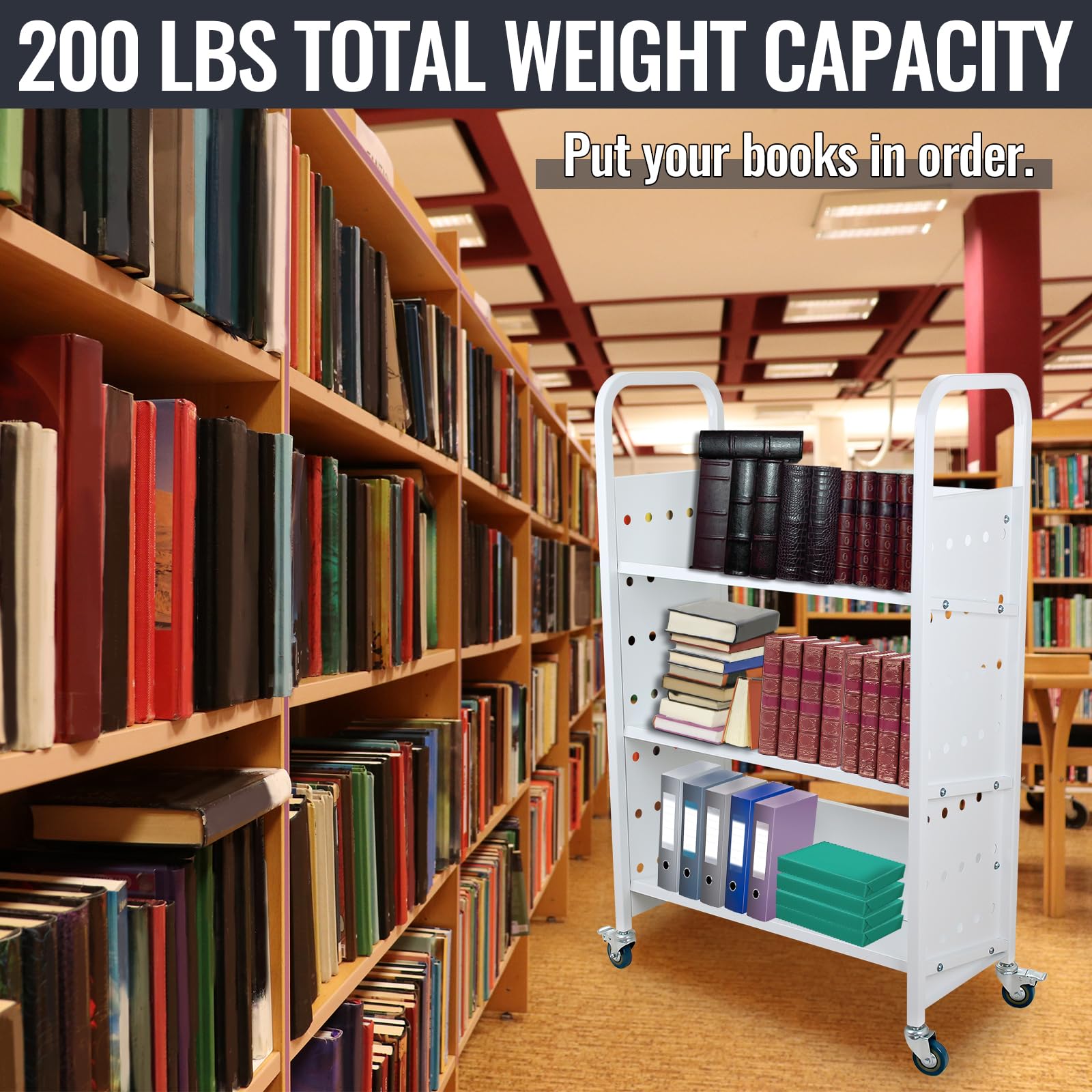 3-Shelf Rolling Book Cart with Lockable Wheels - V-Shaped Single-Sided Library Cart for Home, Office & School - White | Perfect for Book Storage, Classroom Organization & Mobile Shelving Solutions