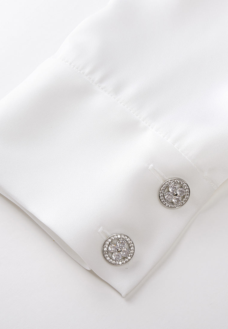 3D Flower Crystal Button Shirt with Lace Detail - Elegant Women's Blouse for Office, Party & Special Occasions