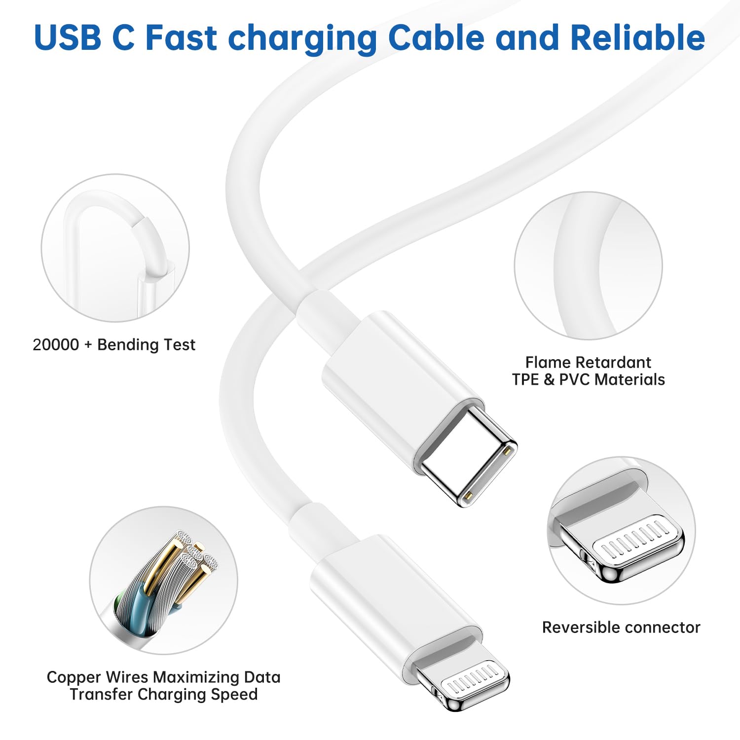 3-Pack MFi Certified iPhone Fast Charger Set - 20W USB C Wall Charger & 6ft USB-C to Lightning Cable - Compatible with iPhone 14/13/12/11 Pro Max & iPad - Perfect for Home, Office & Travel Charging
