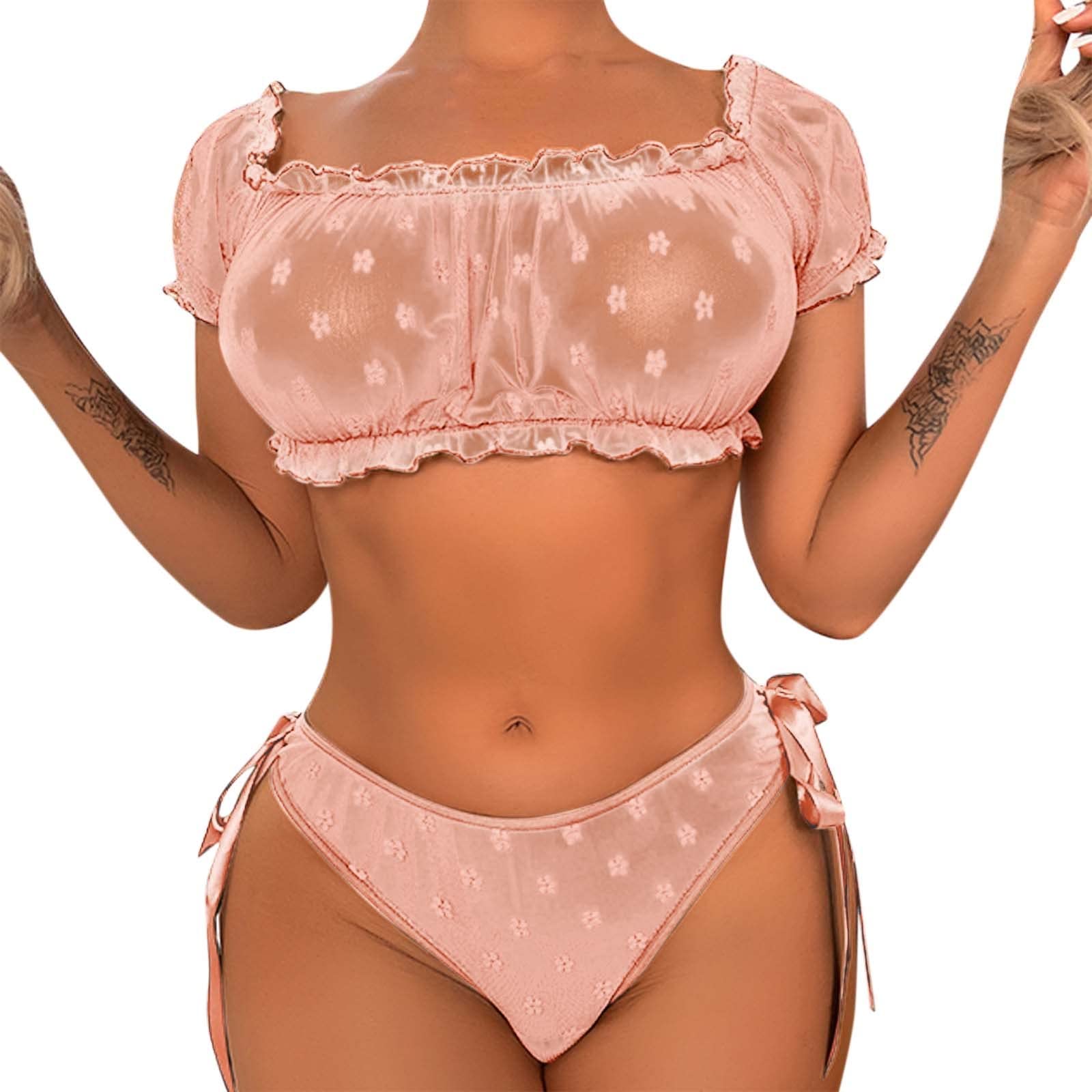 Lace Ruffle Mesh Babydoll Chemise & Panty Set - Women's Sexy Lingerie for Valentine's Day, Honeymoon & Romantic Nights