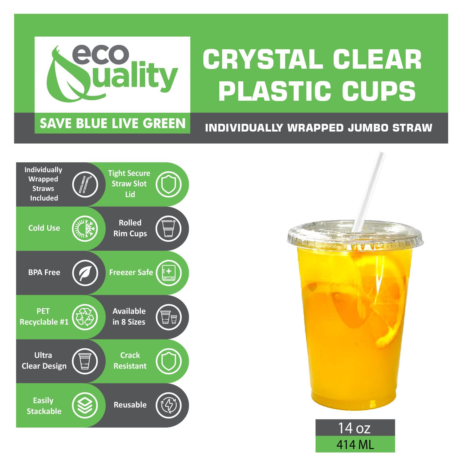 EcoQuality 14 oz Clear Plastic Disposable Cups with Lids & Straws - 500 Count PET Drinkware for Smoothies, Protein Shakes, Bubble Tea, Iced Coffee | Perfect for Parties, Cafes, Meal Prep & Takeout