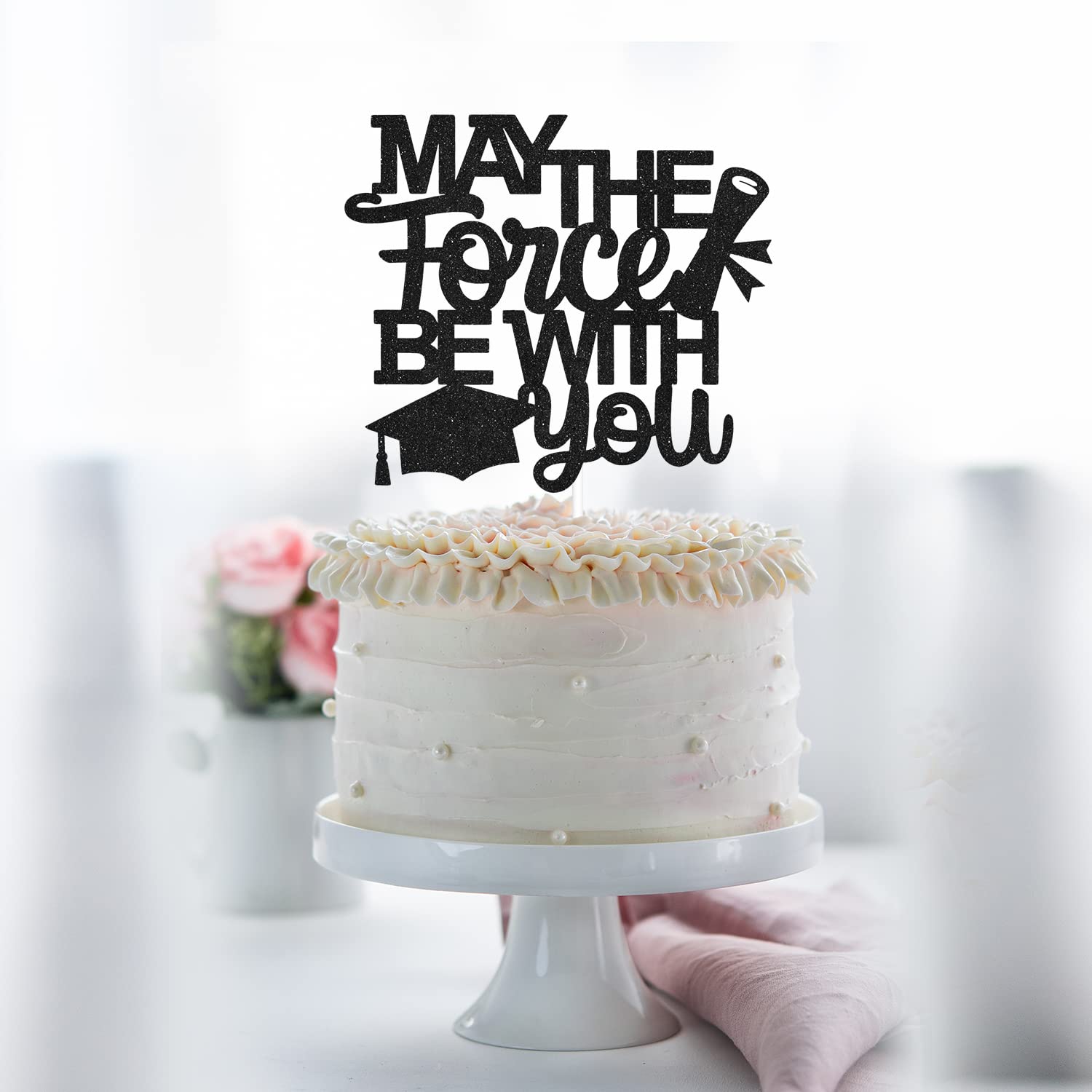 2024 Graduation Cake Topper - Star Wars Inspired 'May The Force Be With You' Green Glitter Decor - Perfect for Class of 2024 Grad Parties, Ceremonies & Celebrations