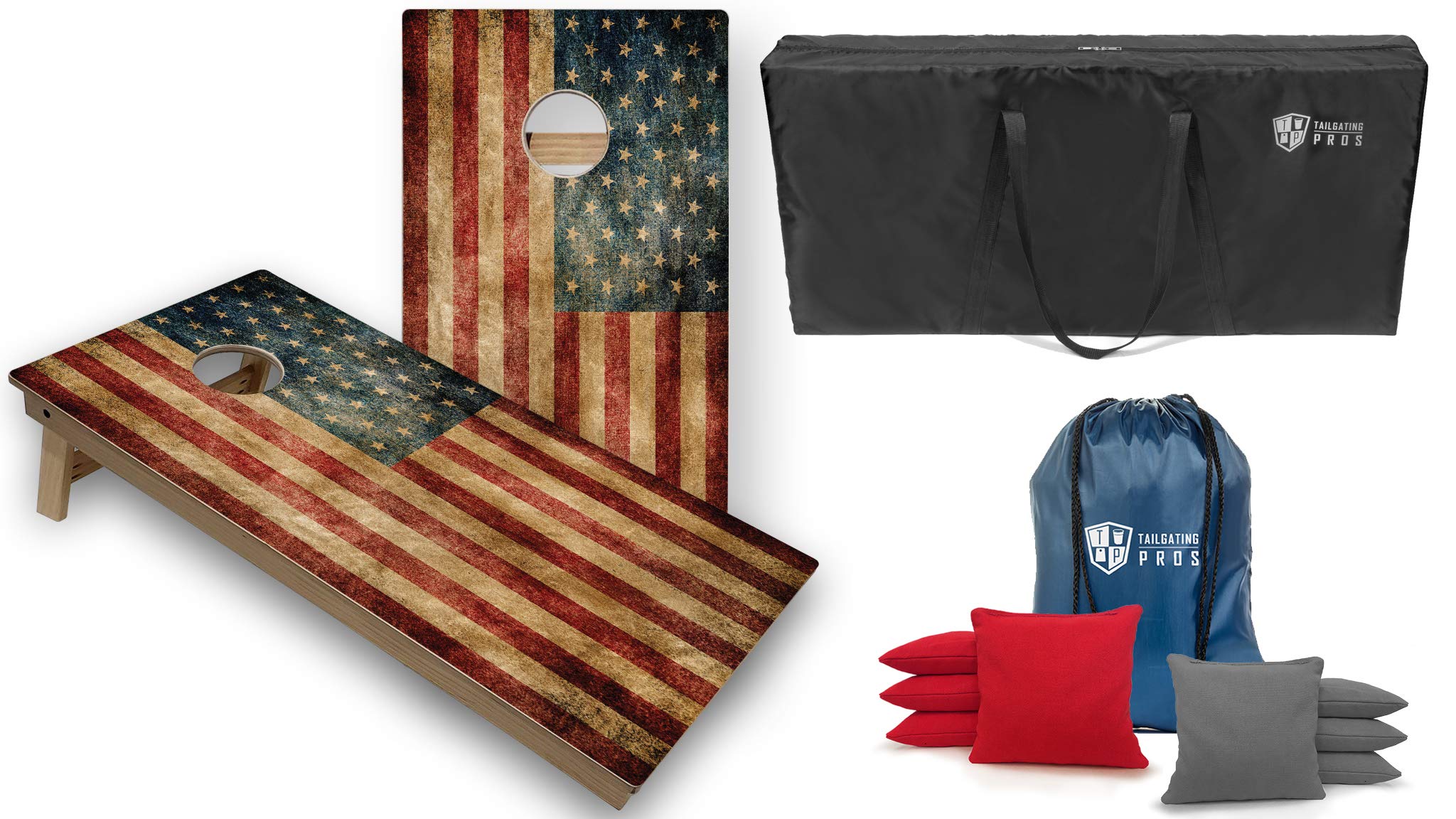 Tournament Grade Cornhole Game Set - 2 Professional 4'x2' Distressed Flag Cornhole Boards, Carrying Case & 8 Bags (LED Lights Optional) - Perfect for Tailgating, Backyard Parties & Outdoor Events