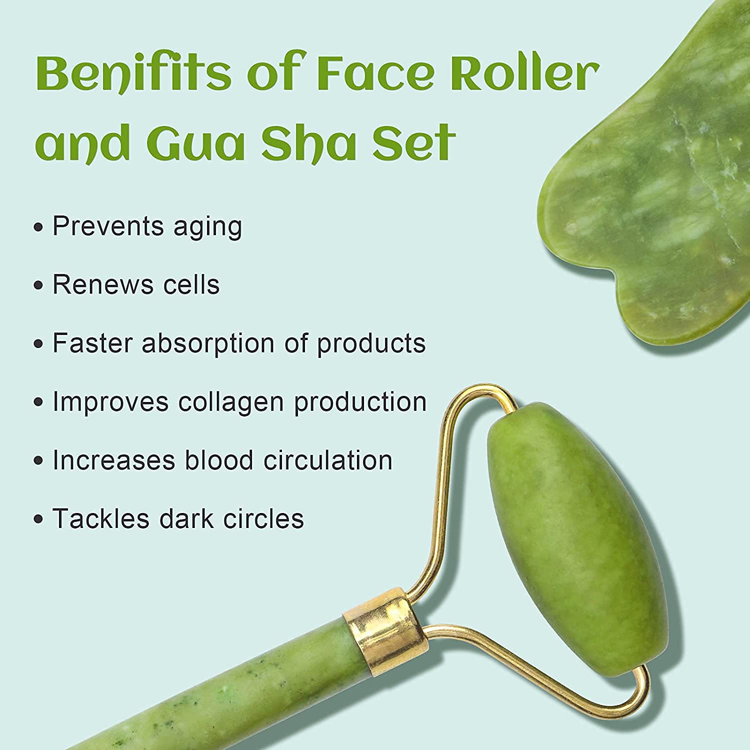 Premium Jade Roller & Gua Sha Set - Natural Facial Massage Tools for Skin Care, Anti-Aging, Wrinkle Reduction - Relaxing Face, Eye & Neck Massager for Glowing Skin - Perfect for Daily Skincare Routine & Spa Day at Home