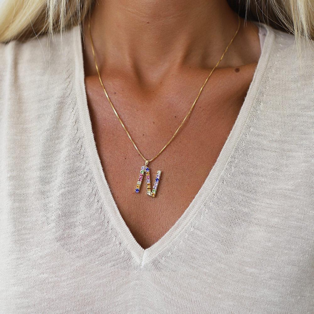 Personalized Letter Necklace for Women - Custom Initial Pendant with Rainbow Charm | Perfect for Birthdays, Anniversaries & Everyday Layering Jewelry