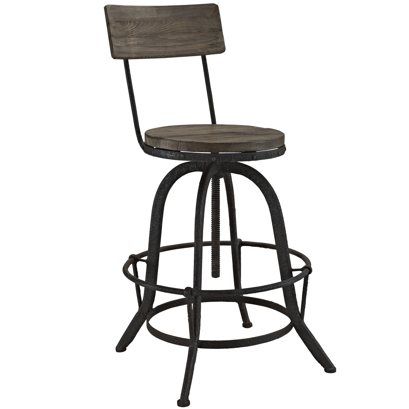 Modway Procure Rustic Farmhouse Adjustable Height Bar Stools - Solid Pine Wood & Cast Iron Construction, Brown - Perfect for Kitchen Islands, Breakfast Nooks & Home Bars