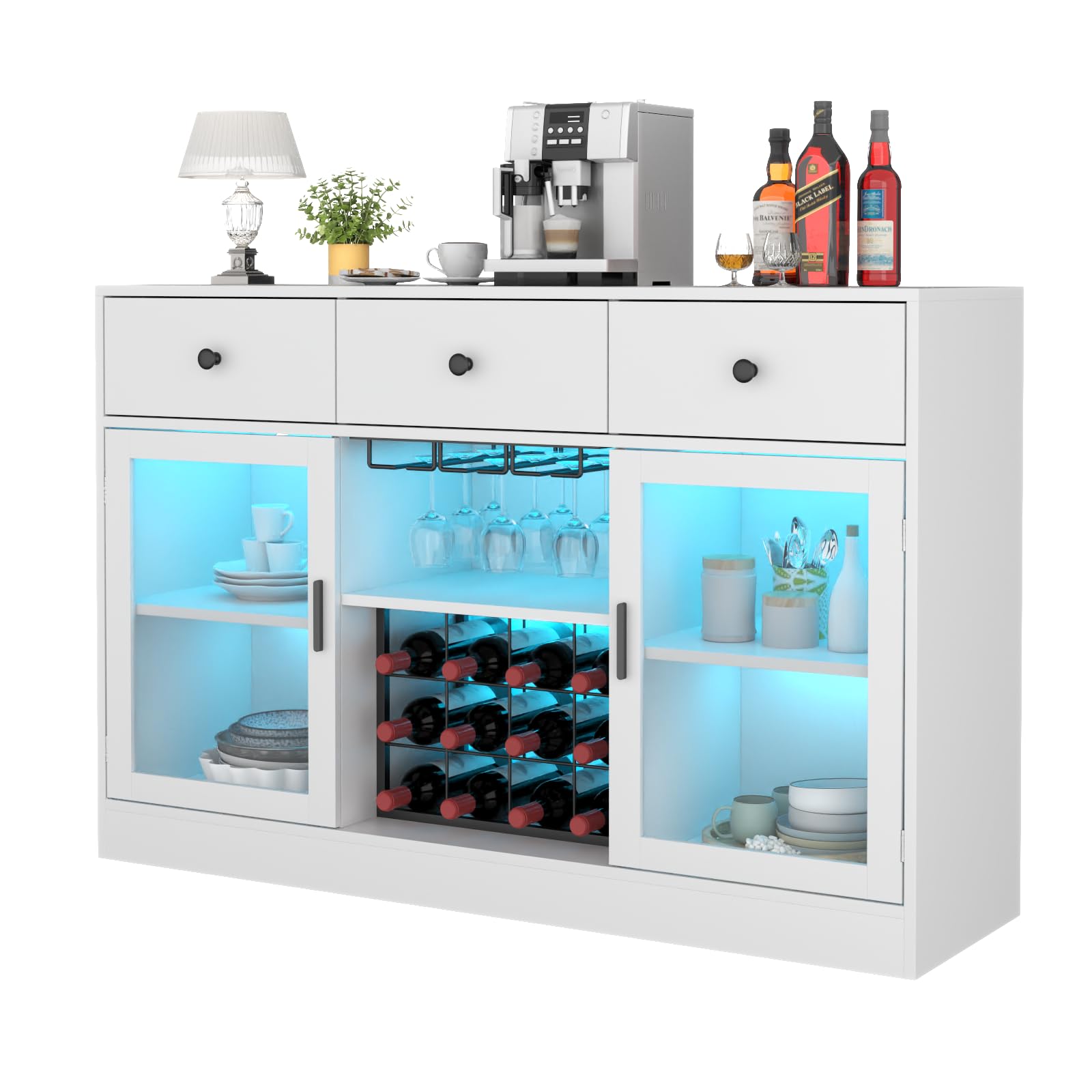 Modern White Wine Bar Cabinet with LED Lights - Home Coffee & Liquor Storage with Glass Rack, Kitchen Buffet Sideboard with Storage Cabinet & Drawers - Perfect for Living Room, Dining Room & Entertaining Guests