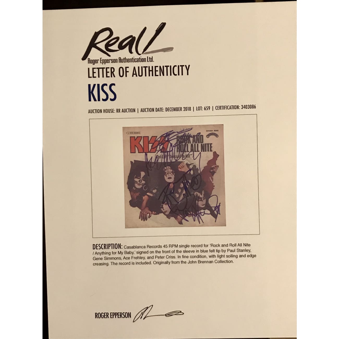KISS 45 Sleeve Autographed by Original Band Members with Epperson COA - Rare Collectible for Music Fans & Memorabilia Display