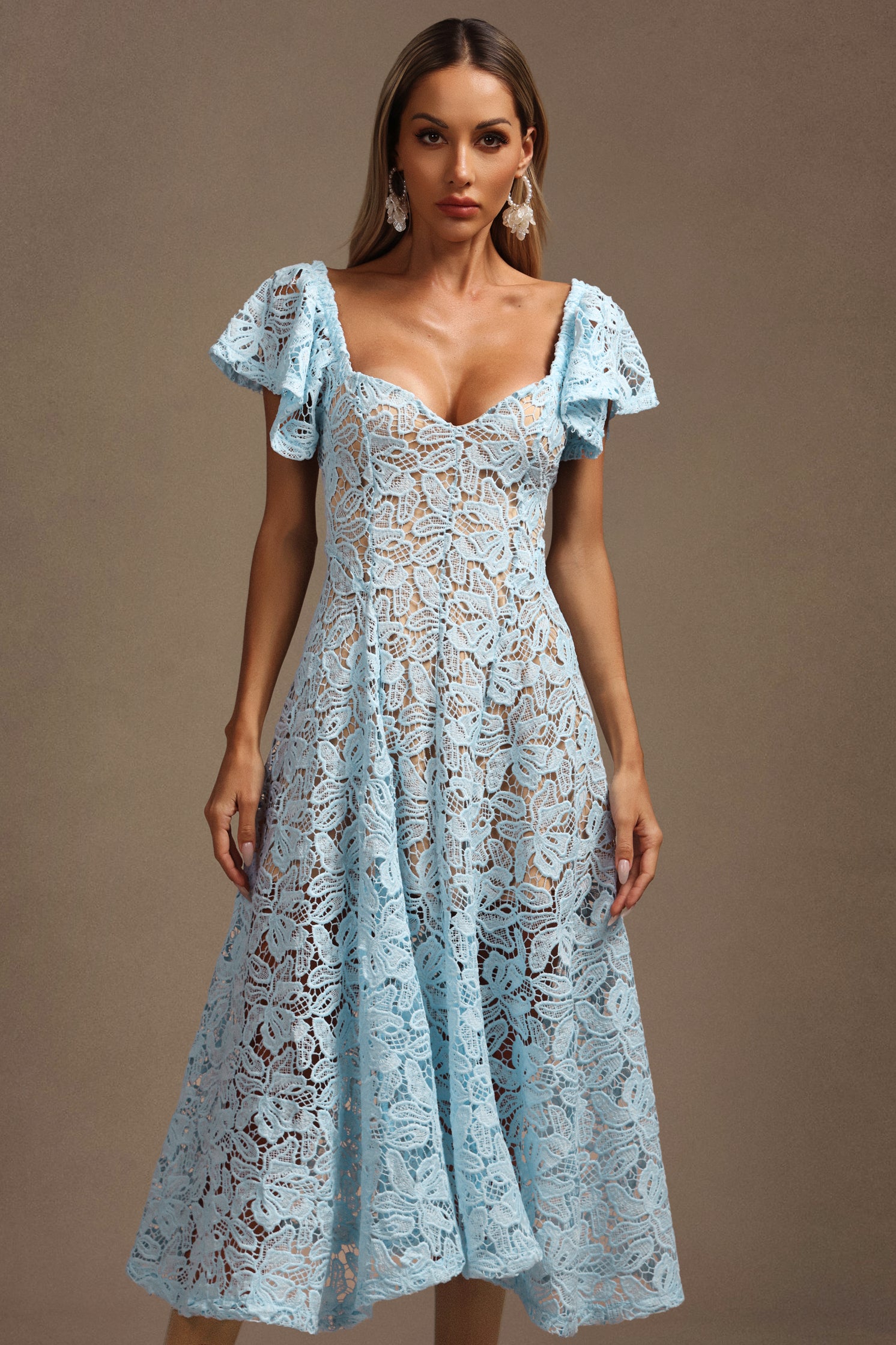 Kerenza Women's Short Sleeve Lace Midi Dress - Elegant Floral Summer Dress for Casual Outings & Special Occasions