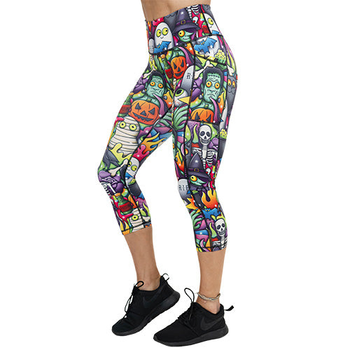 Monster Mash Leggings for Women - Halloween Themed Printed Yoga Pants, High Waisted Stretchy Workout Leggings - Perfect for Costume Parties, Gym, and Casual Wear