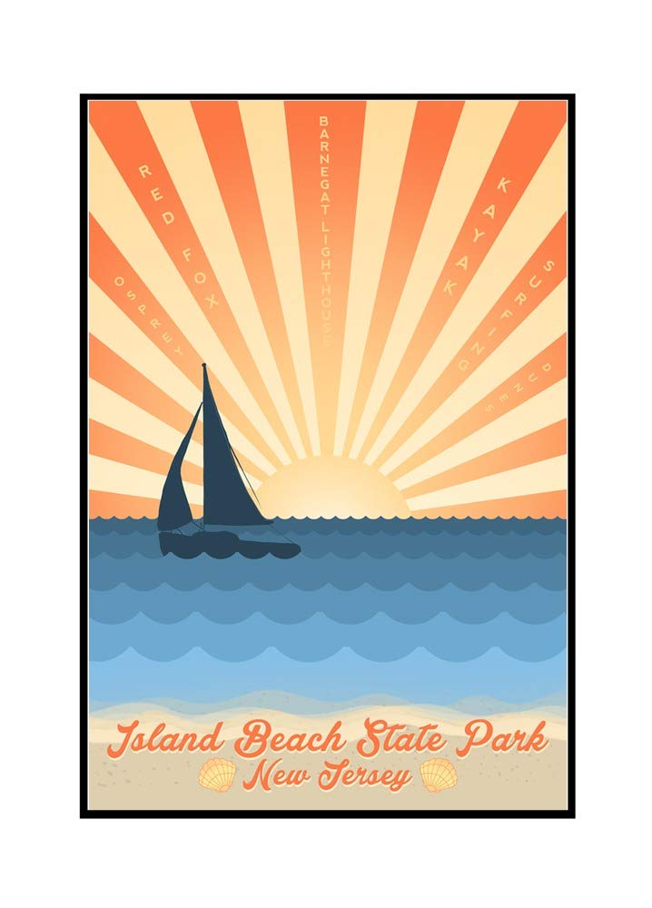 24x36 Framed Beach Wall Art - New Jersey Island Beach State Park Coastal Scene with Sun Rays & Sailboat - Gallery Wrapped Canvas for Living Room, Bedroom & Office Decor