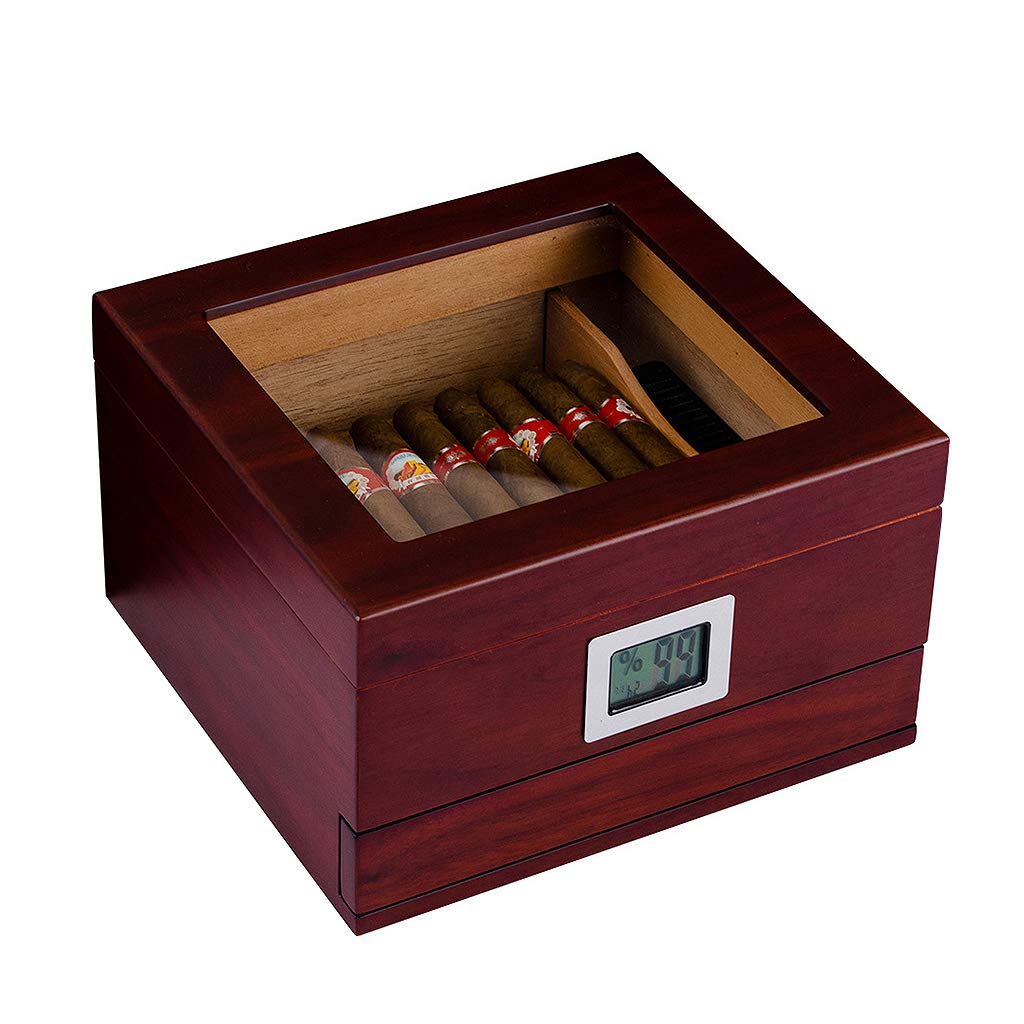 Premium Cigar Humidor with Digital Hygrometer & Drawer - Cedar Wood Cigar Storage Box with Tempered Glass Top - Holds 25 Cigars - Perfect for Home, Office & Gifts for Cigar Enthusiasts