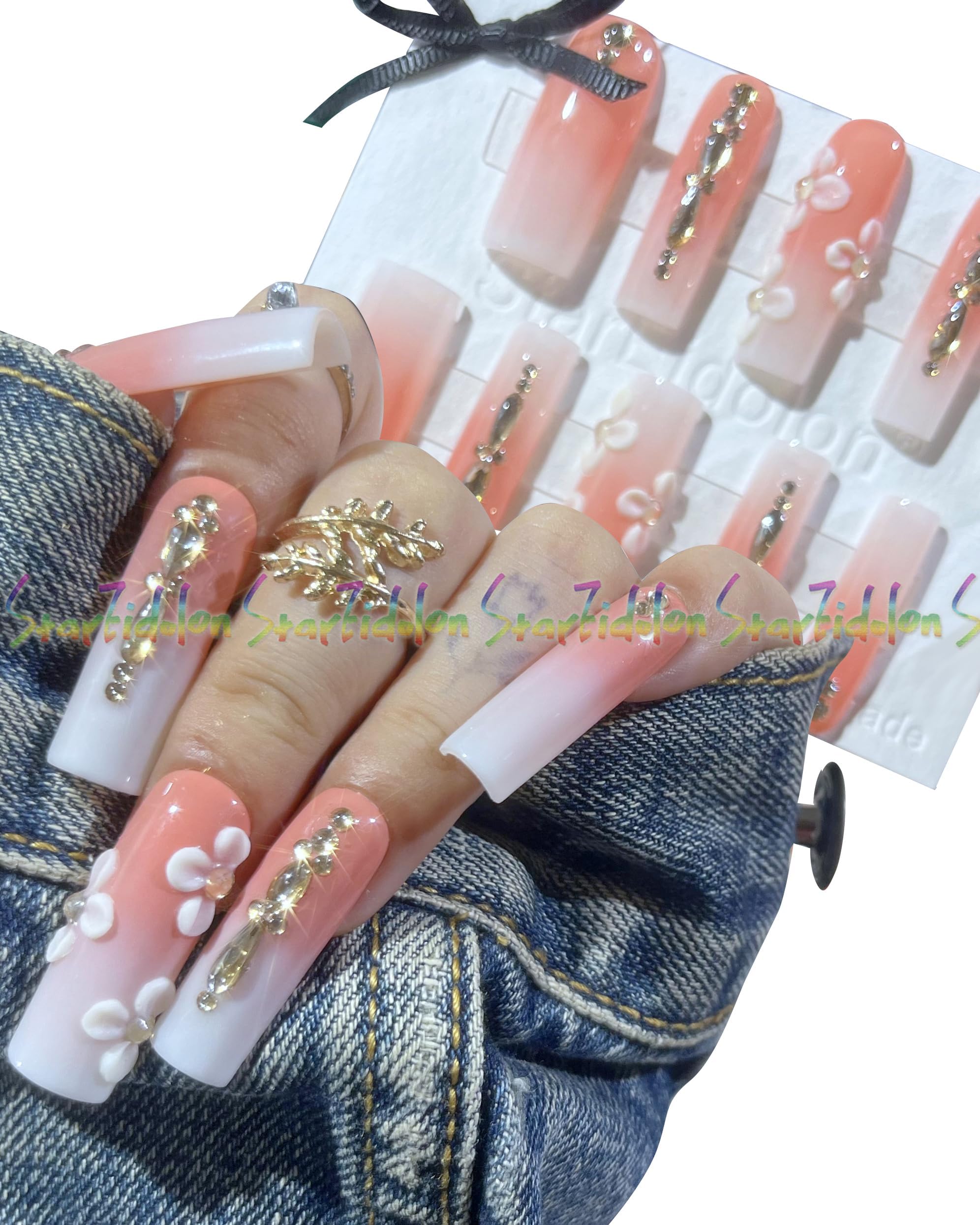 Hand-Painted White False Nails Set - Coffin Press on Nails Kit with Nail Glue | Medium Length Stick on Nails for Women | Perfect for Parties, Weddings, and Daily Wear (X-Small, Style 9)