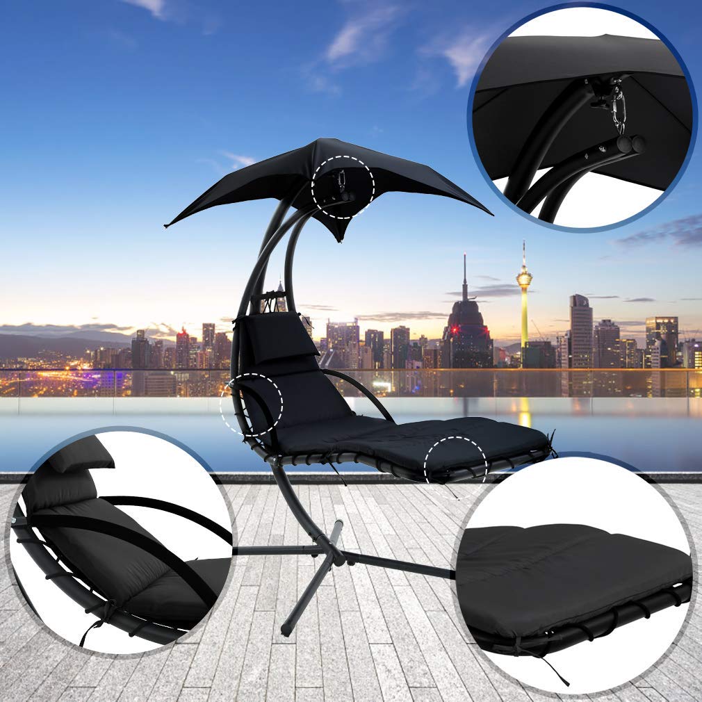 Outdoor Hanging Hammock Chair with Stand & Canopy - 280LBS Capacity Heavy Duty Patio Swing for Backyard, Garden, Deck - Includes Pillow for Ultimate Relaxation | Perfect for Lounging, Reading & Sunbathing
