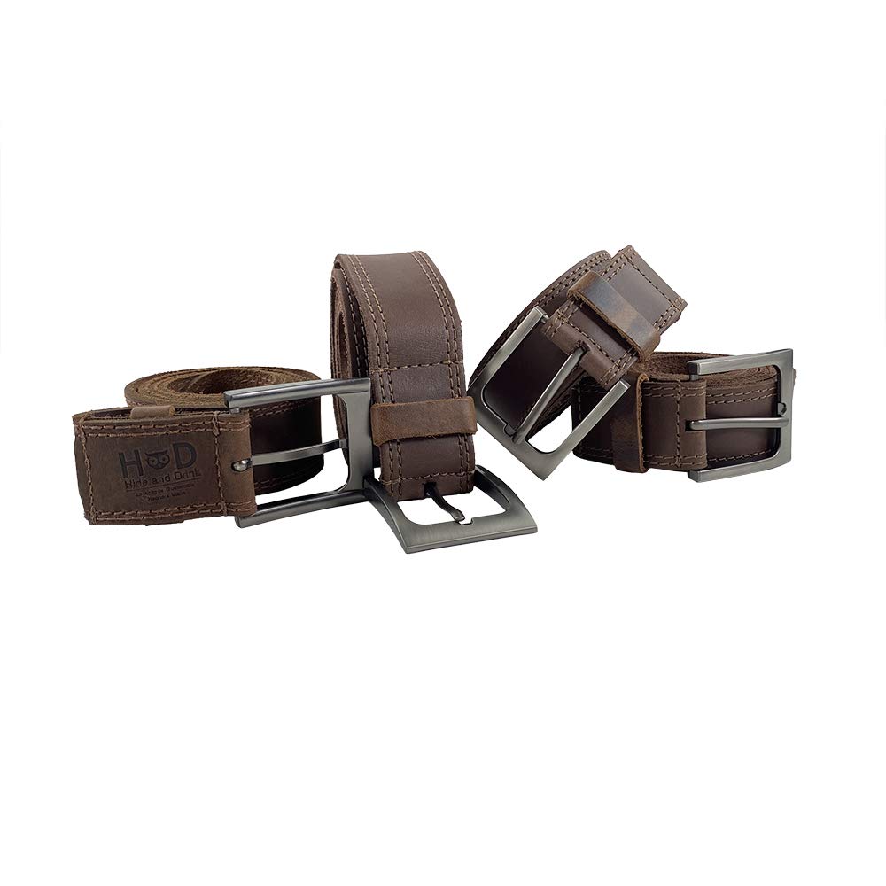 Handmade Men's Two Row Stitch Leather Timberline Belt in Bourbon Brown - Premium Genuine Leather Belt for Casual & Outdoor Wear - Perfect for Jeans, Hiking & Work